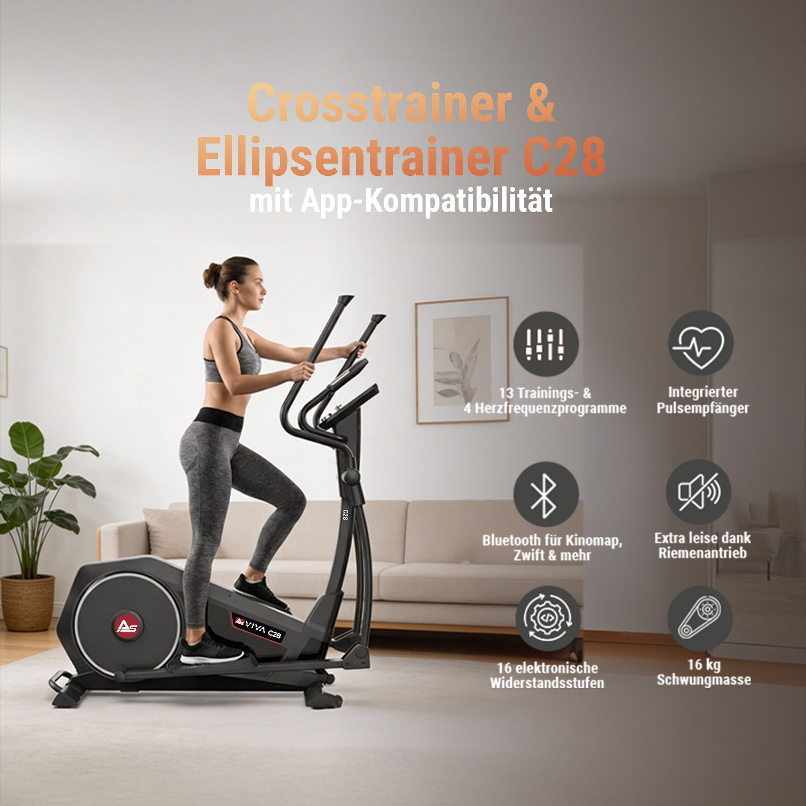AsVIVA Crosstrainer C28 Pro, Ergometer-Funktion, 16 kg Schwungmasse, Leiser Riemenantrieb