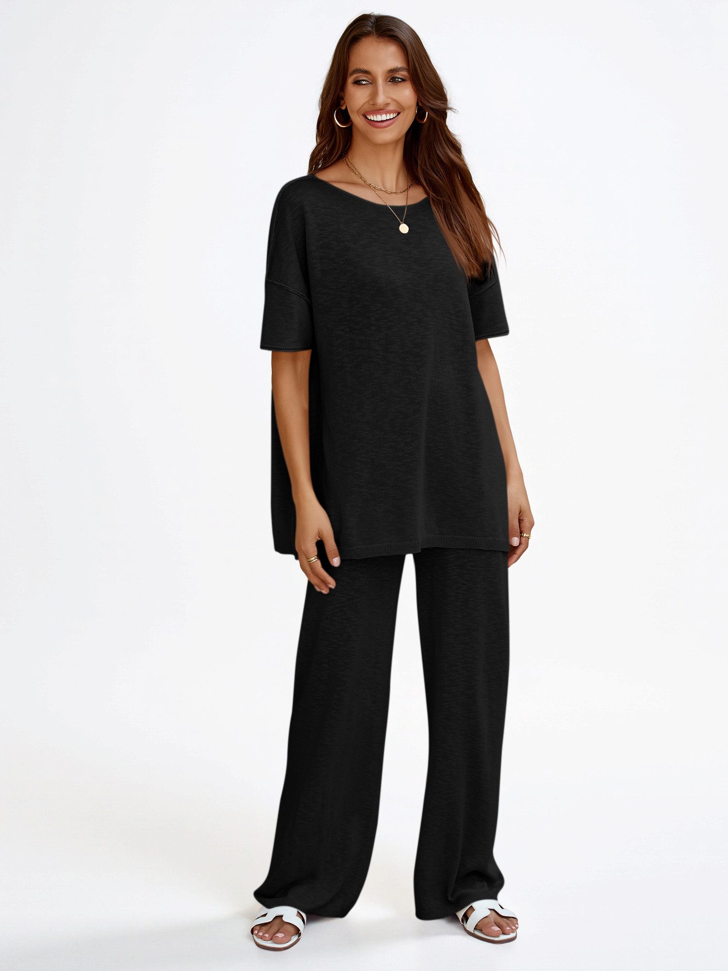 Imily Bela Hausanzug Damen 2-teiliger Freizeitanzug (Set, 2 tlg., Kurzarm-Strickpullover + Weite Hose) Volltonfarbe