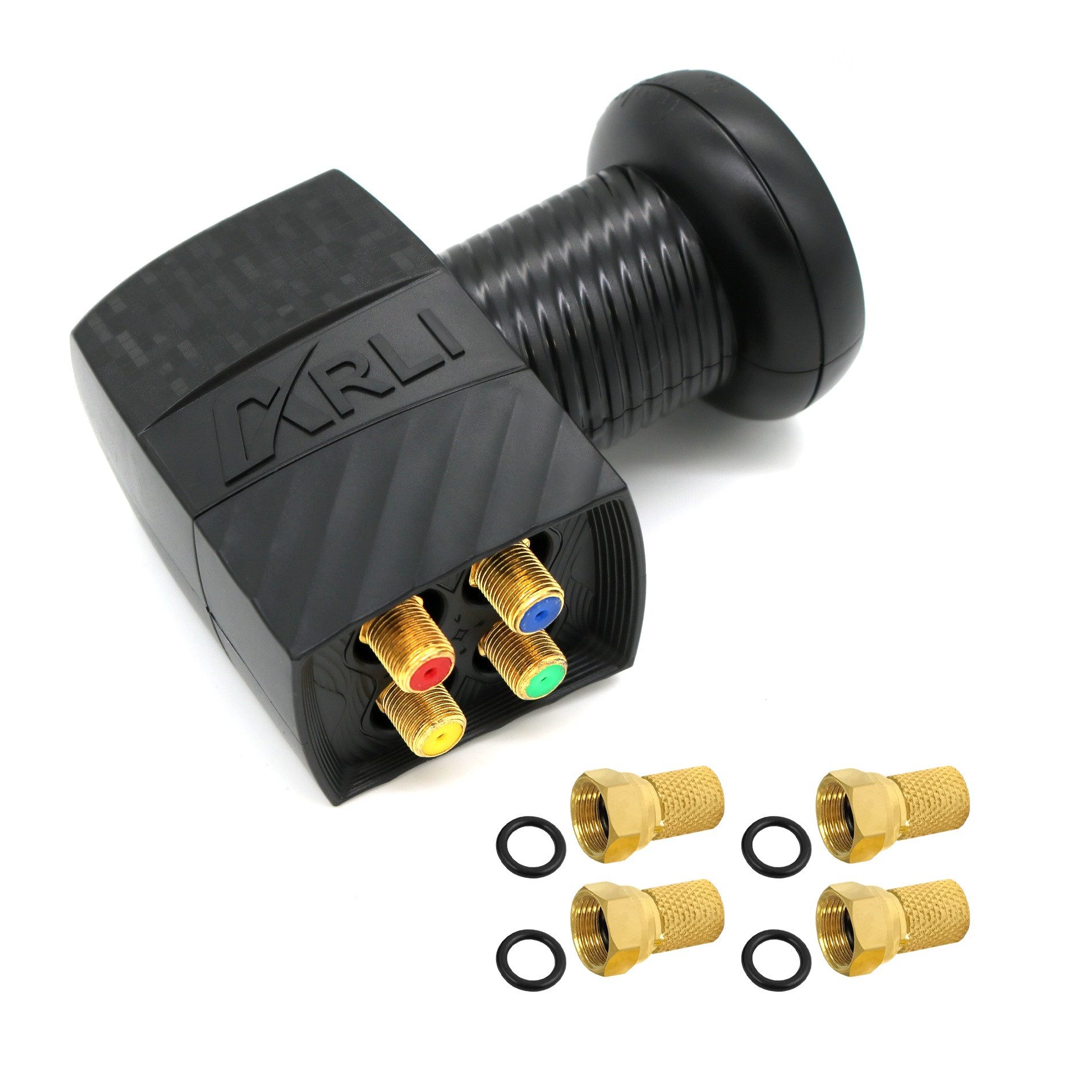 ARLI 1x Quad LNB + 4 F Stecker vergoldet Universal-Quad-LNB (für 4 Teilnehmer, ausziehbare Wetterschutz Universal Lmb Antenne High Qualität)