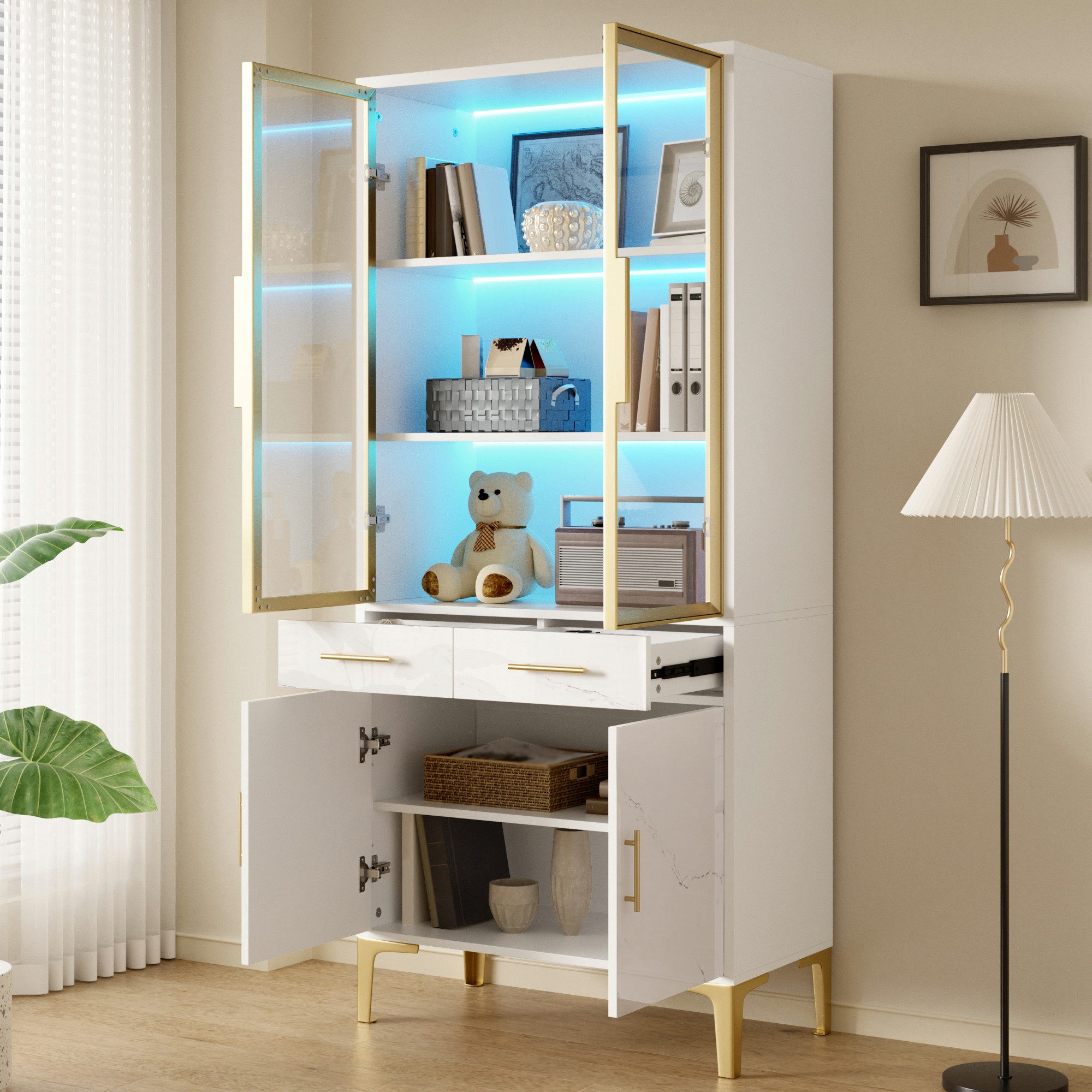 Merax Vitrine mit LED Beleuchtung, Standvitrine mit Marmoroptik & Metallfüßen (75Lx38Bx170Hcm, 1-St) Hochschrank mit 2 Schubladen, 2 Glastüren, 2 Türen & Stauraum