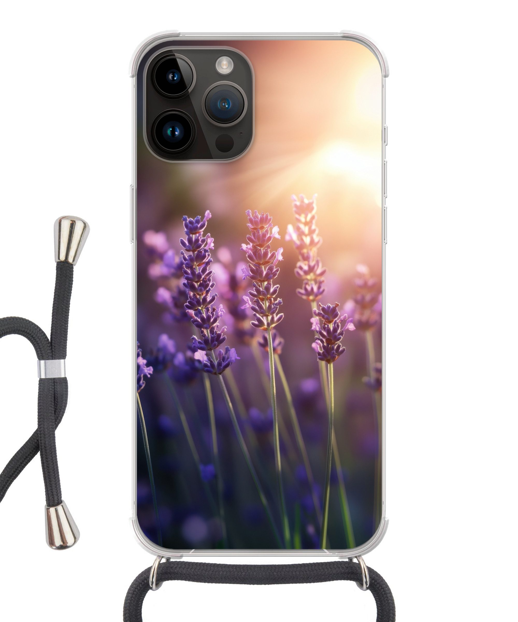 MuchoWow Handyhülle für Apple iPhone 14 Pro Max Lavendelblüten - Lila - Sonnenlicht, Tragbare Handyhüllen mit Kette zum umhängen, Handykette Handyband
