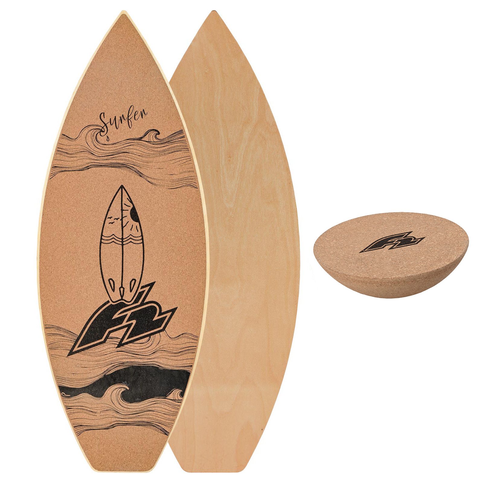 F2 Balanceboard F2 Set Kork Balance Board Surf Flat Shape 84x31cm + Halbkugel