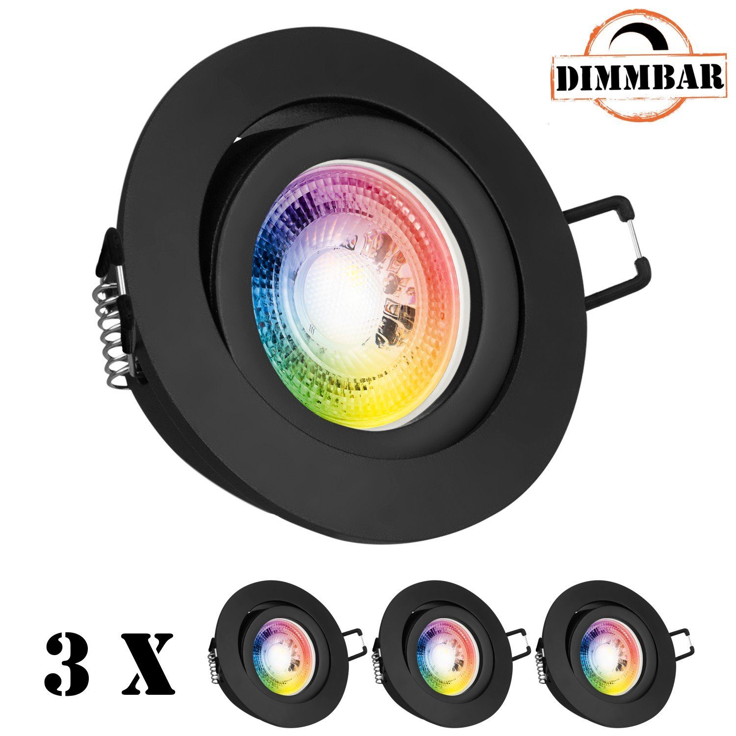 LEDANDO LED Einbaustrahler 3er RGB LED Einbaustrahler Set GU10 in schwarz matt mit 3W LED von LED