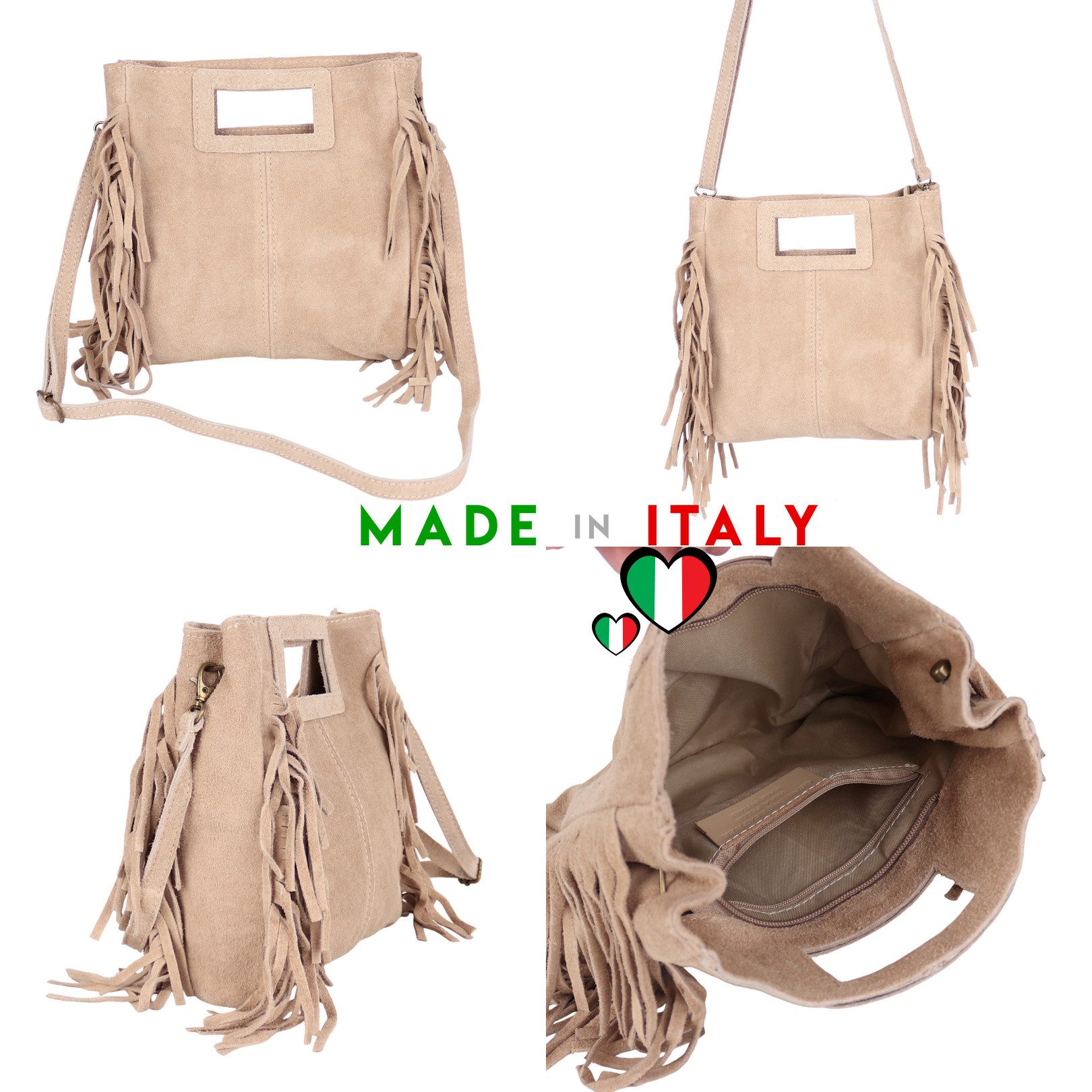 MIRROSI Umhängetasche Damen Crossbody Bag, Echtleder Made In Italy, wunderschöne Fransen (23x24x7cm) aus Wildleder – Bild 2 von 2