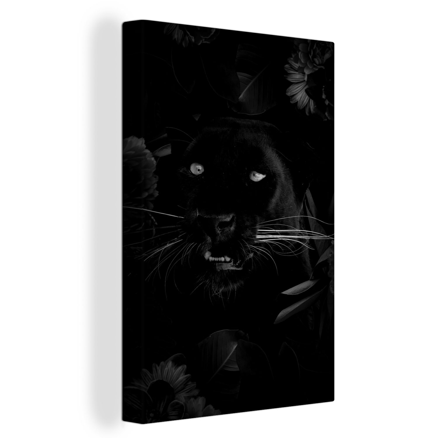 OneMillionCanvasses® Leinwandbild Botanischer Panther auf schwarzem Hintergrund - schwarz und weiß, (1 St), Leinwandbild fertig bespannt inkl. Zackenaufhänger, Gemälde, 20x30 cm | Leinwandbilder
