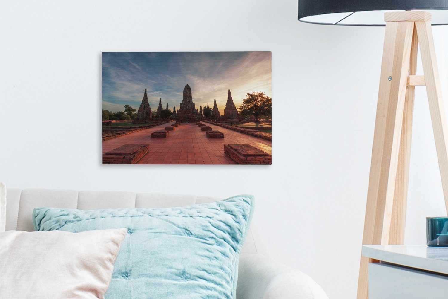Aufhängefertig, Der St), Wanddeko, Leinwandbild Wandbild Tempel Leinwandbilder, mit Sonnenuntergang, (1 einem Ayutthaya OneMillionCanvasses® 30x20 wunderschönen cm alte in