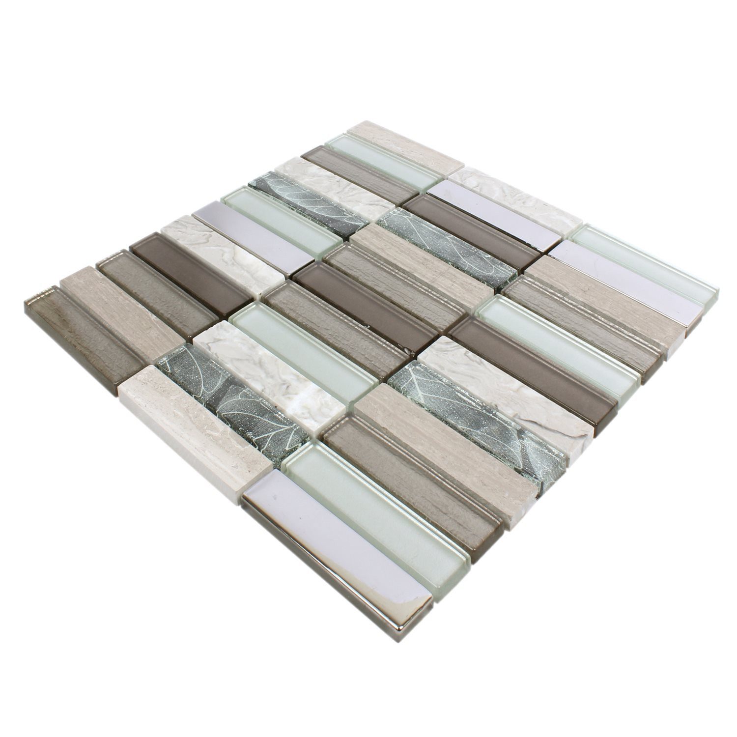 Mosafil Mosaikfliesen Glas Naturstein Mosaikfliesen Magia Mix, Naturstein-Glas 29.800x29.800, weiß-grau-silber-hellbraun, Verlegefertig auf ein Netz geklebt - Wasserfest