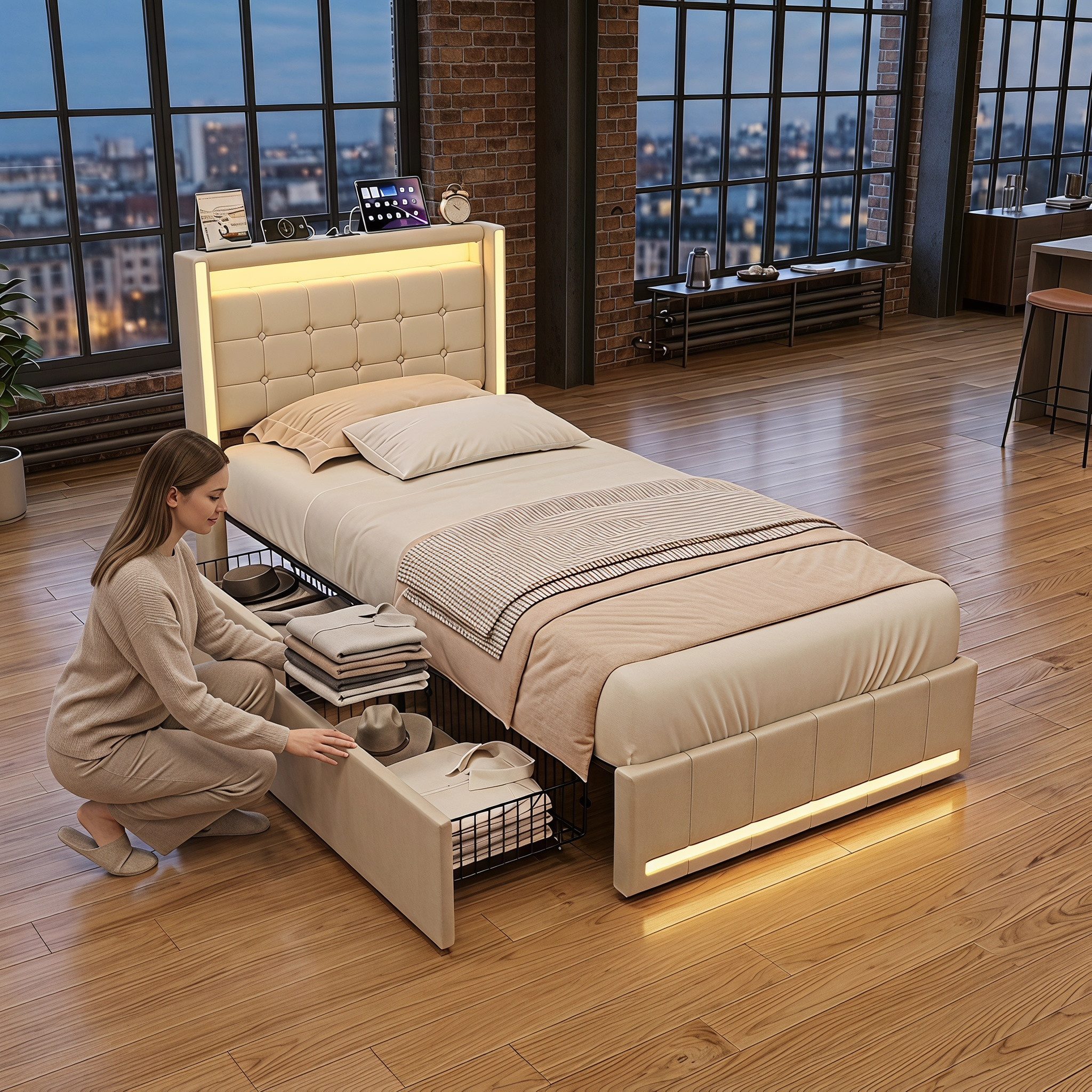 PXloue Polsterbett LED Doppelbett Stauraumbett, mit USB-Laden und Stauraum am Kopfteil,Leinen,90x200 cm – Bild 4 von 5