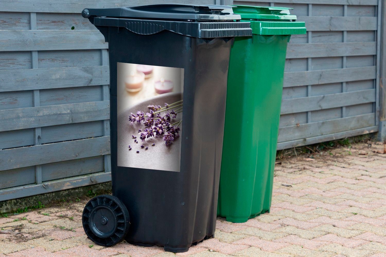 St), Nahaufnahme (1 Sticker, Mülltonne, Wandsticker Abfalbehälter MuchoWow Container, von Lavendelblüten Mülleimer-aufkleber,