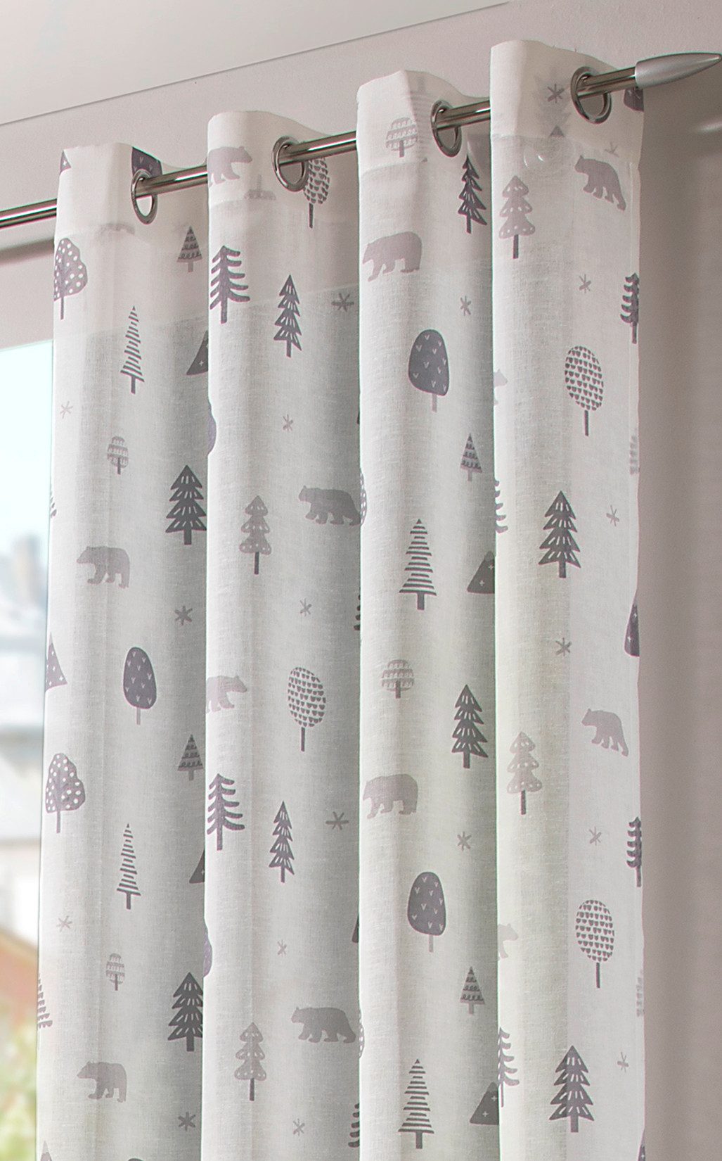 heimtexland Vorhang Kindergardine Skandi-Stil Dekoschal Wald Bär Grau (1 St), Ösen, halbtransparent, Polyester, Leinenoptik I Natur I Ösenschal I Kinderzimmer I Vorhang