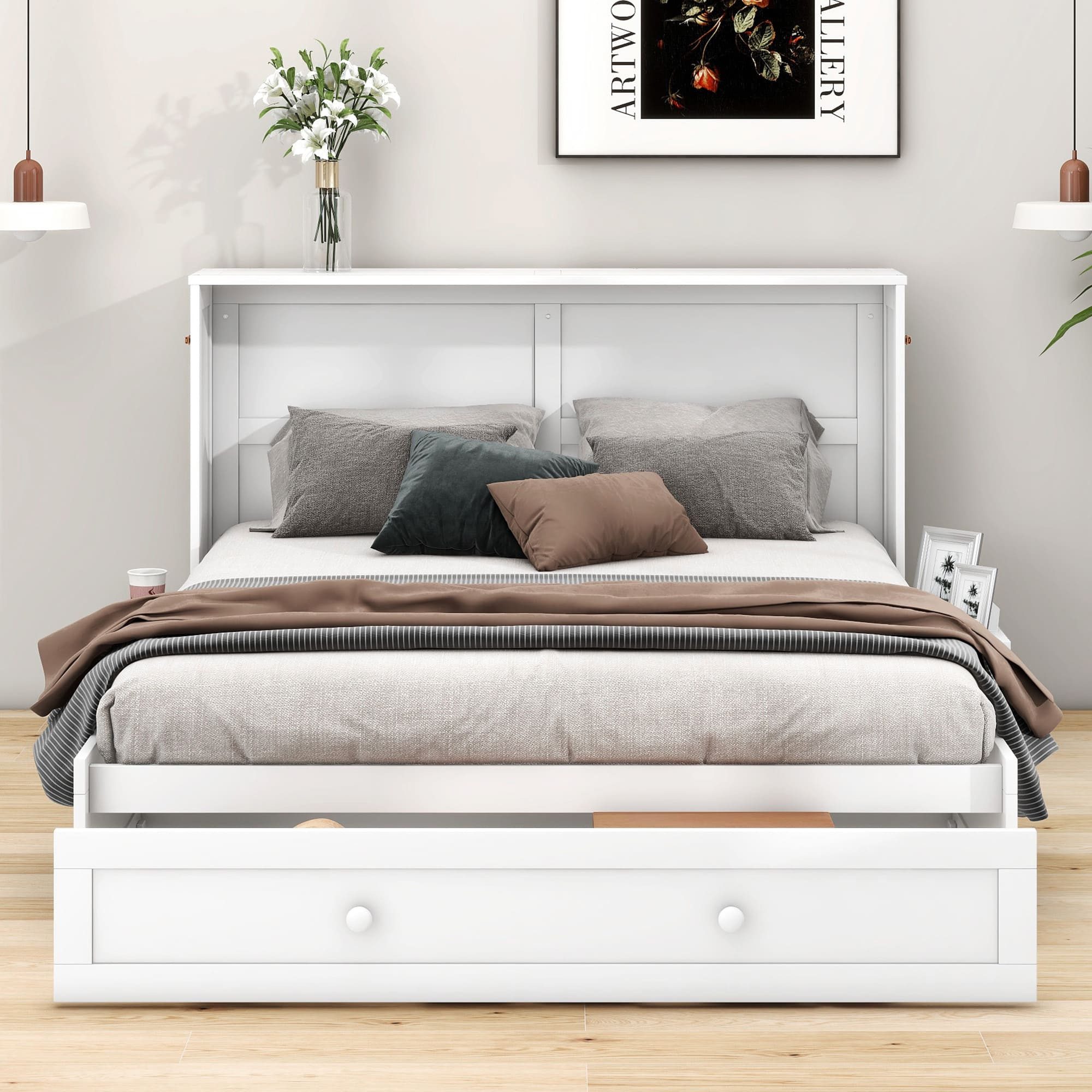 Ulife Wall Bed Mobile Wall Bed 140x200 with Drawers & Shelf (White)