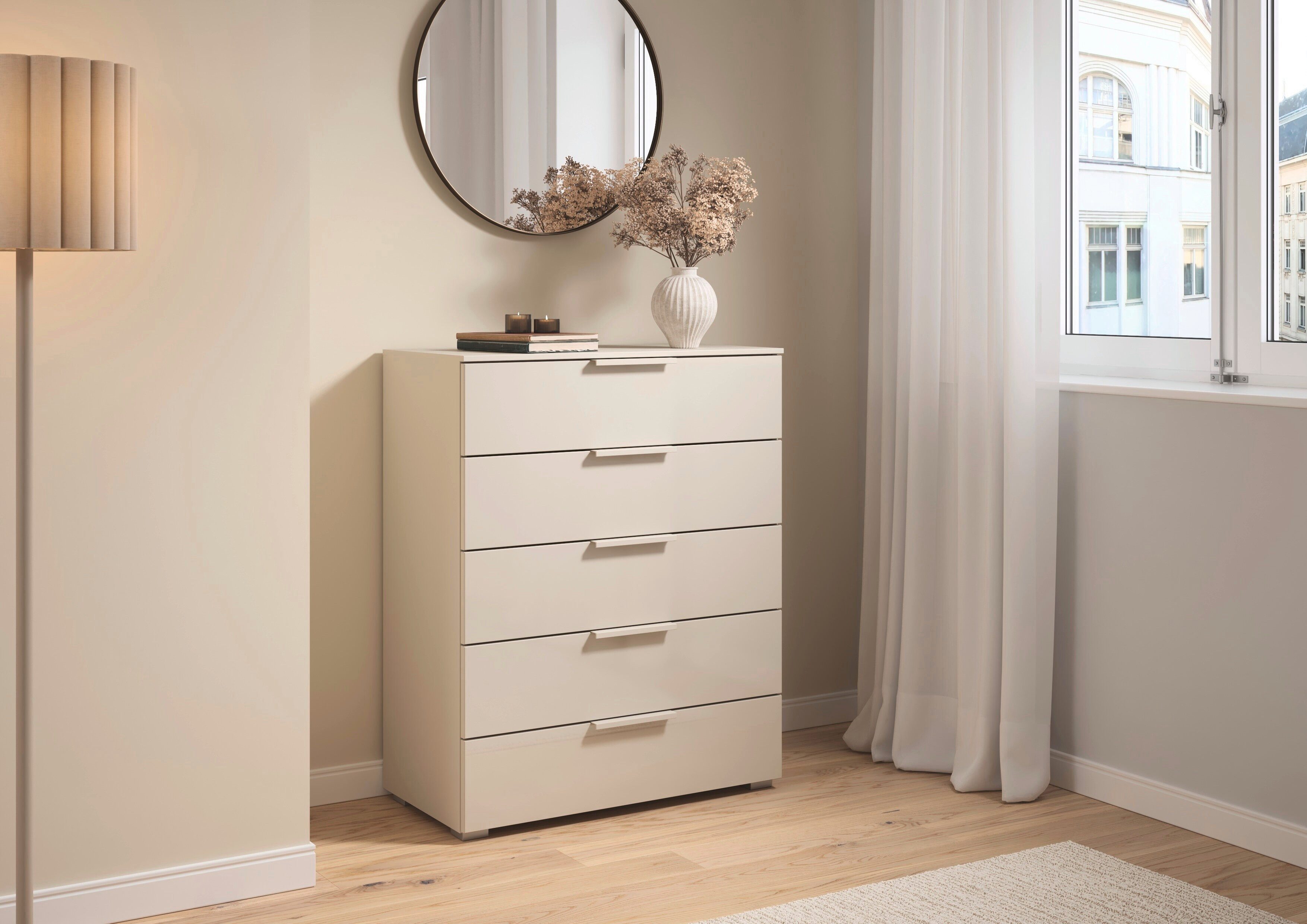 rauch Schubkastenkommode Highboard Sideboard Kommode MONTCLAR Frontauswahl Dekor/Hochglanz/Glas (in 2 Breiten: 40 oder 80 cm / Höhe 100 cm, inkl. Soft-Close-Funktion), mit 5 geräumigen Schubladen, viele Griffvarianten MADE IN GERMANY