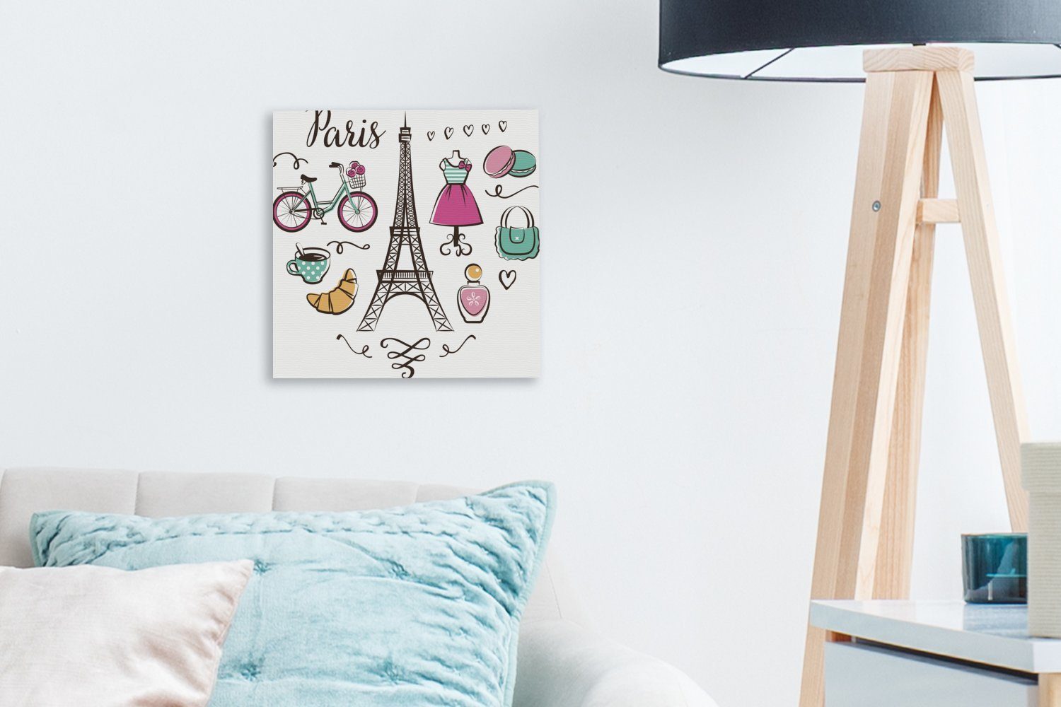 Eiffelturms OneMillionCanvasses® Herzens, für (1 Eine Leinwandbild St), eines Illustration Leinwand Wohnzimmer Form Bilder des in Schlafzimmer