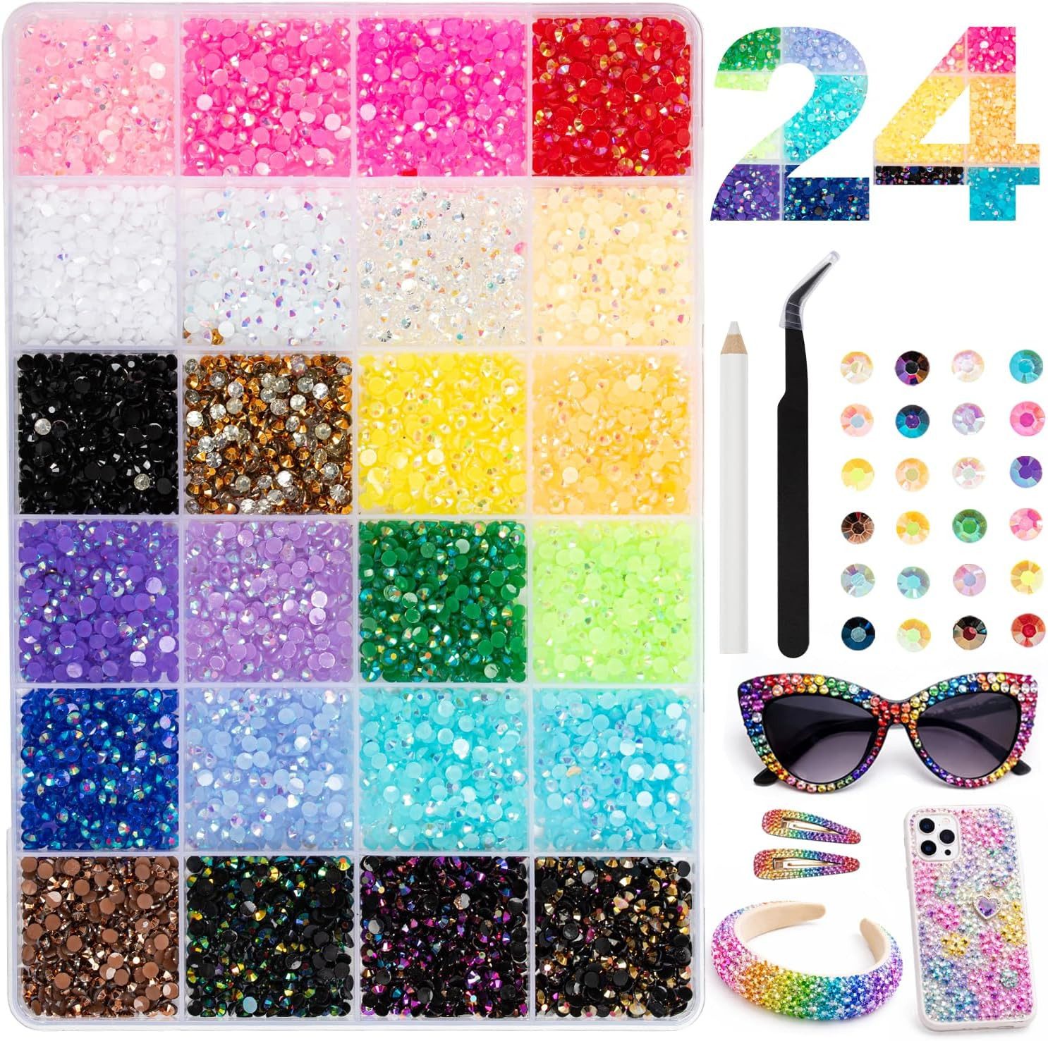 Diwzbyn Kreativset 30000+ Stück Strasssteine, 3mm 24 Farben Glitzersteine Zum Basteln, (Diamond Painting DIY Basteln (Kleber nicht enthalten), Bedazzling Kit für Nägel Und Textilien, Rhinestones Nail Art