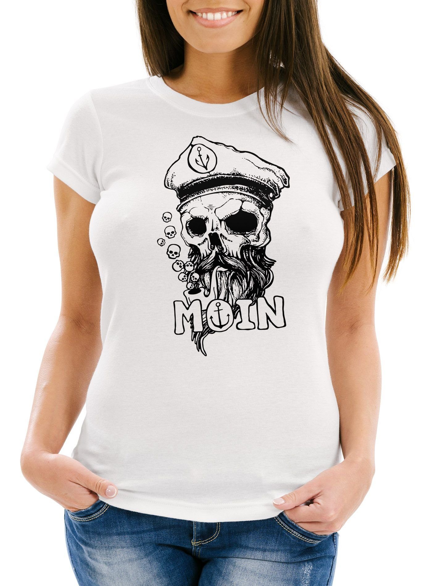Print-Shirt Damen T-Shirt Moin Kapitän Totenkopf Anker Bart Hamburg Fashion Streetstyle Slim Fit Neverless®