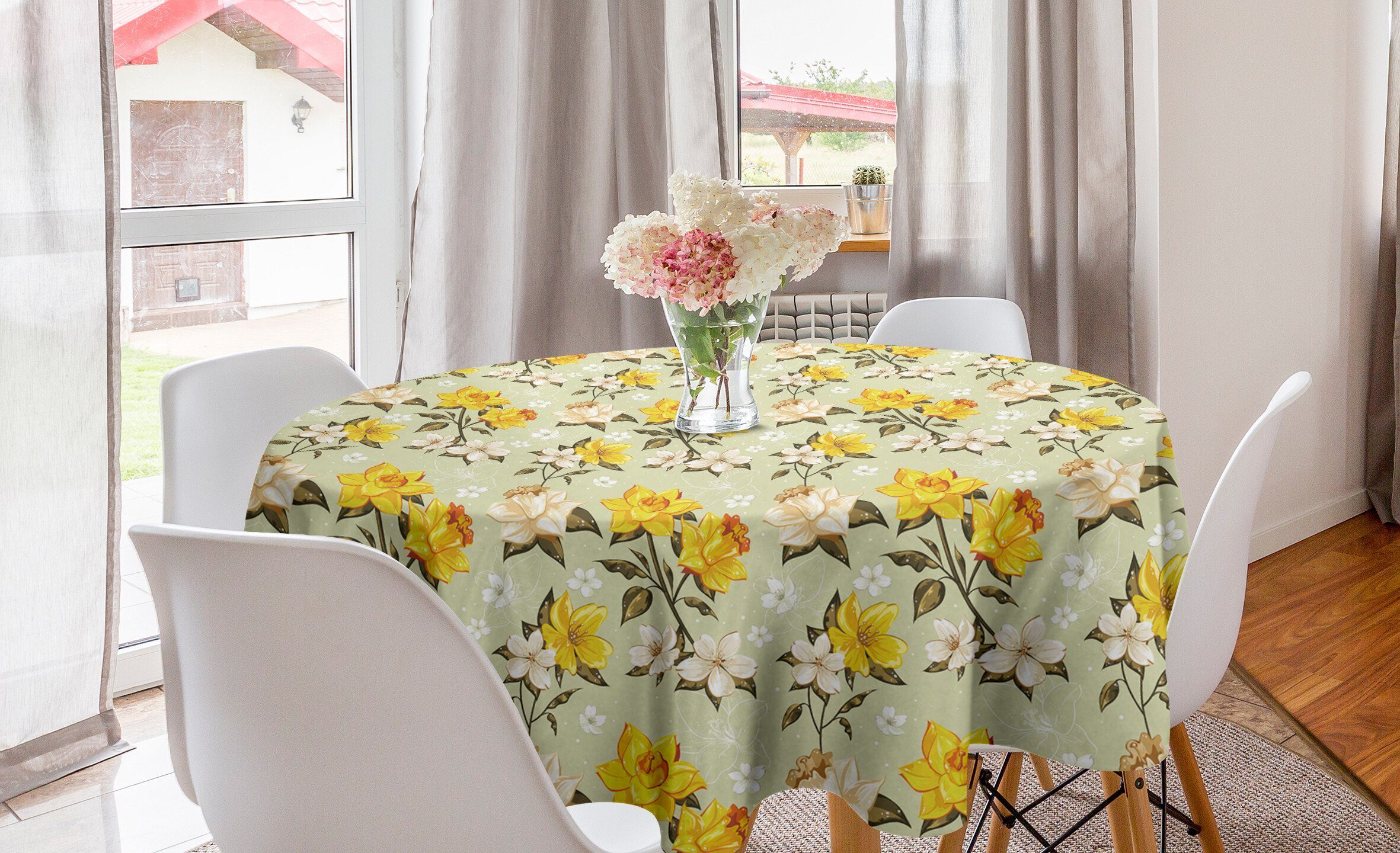 Abakuhaus Tischdecke Kreis Tischdecke Abdeckung für Esszimmer Küche Dekoration, Blumen Blooming Petals Snowy Szene