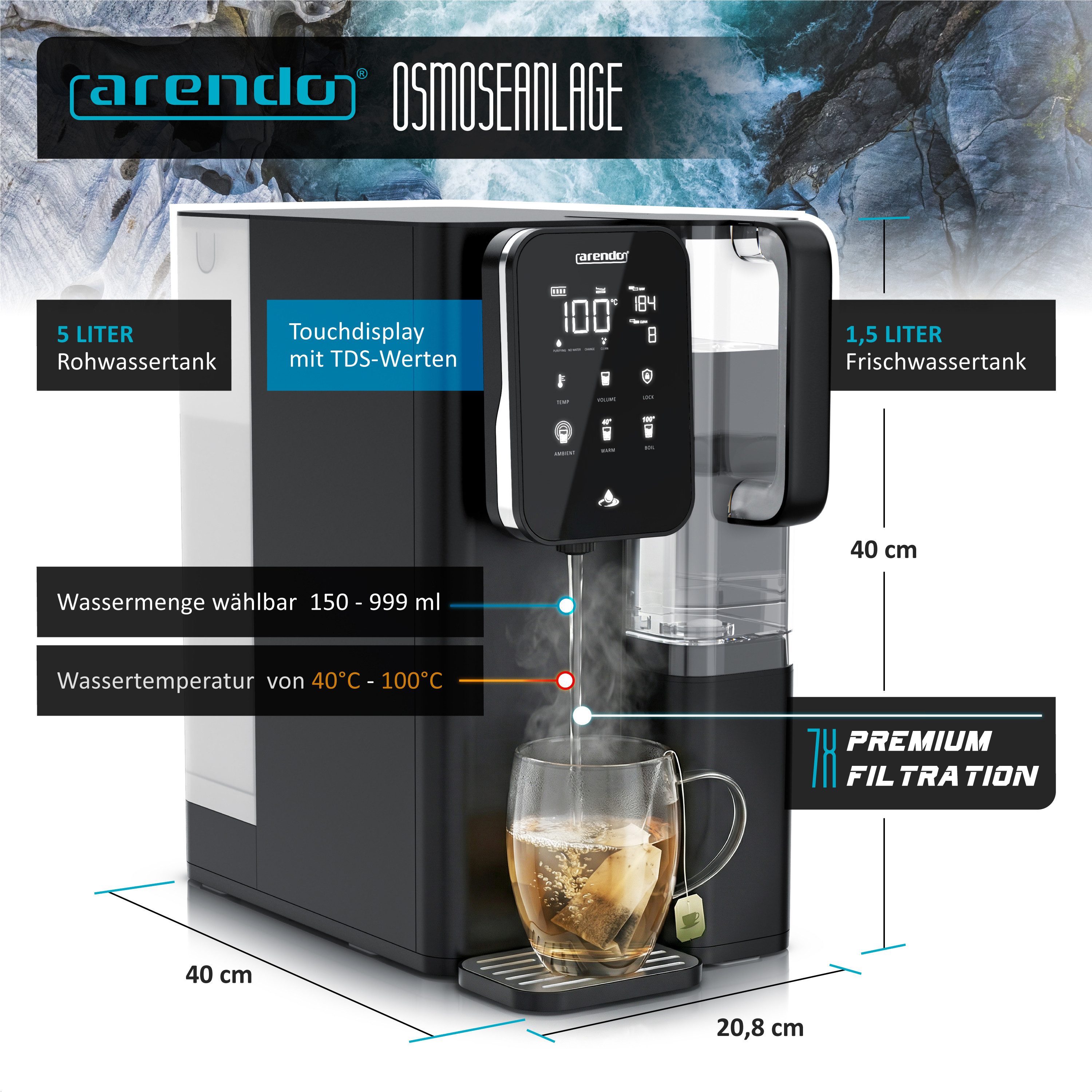 Arendo Wasserfilter Osmoseanlage, 6,5 L Auftisch Umkehrosmoseanlage, Heißwasserspender, 7 Stufen Filtration, 99,99% reines Trinkwasser 15 bis 100° einstellbar