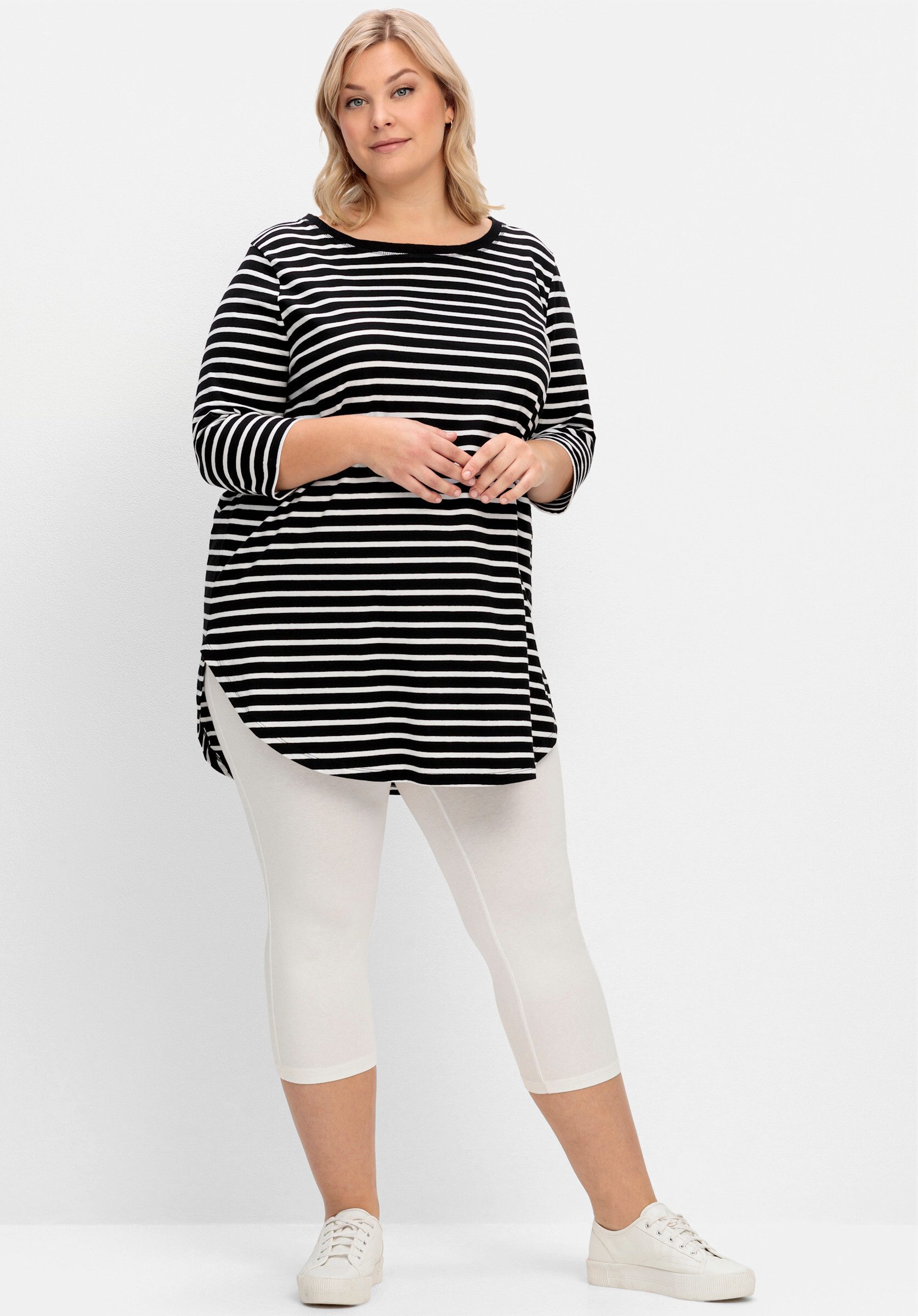 Sheego T-Shirt Longshirt . mit Streifen und Nacken-Reißverschluss günstig online kaufen