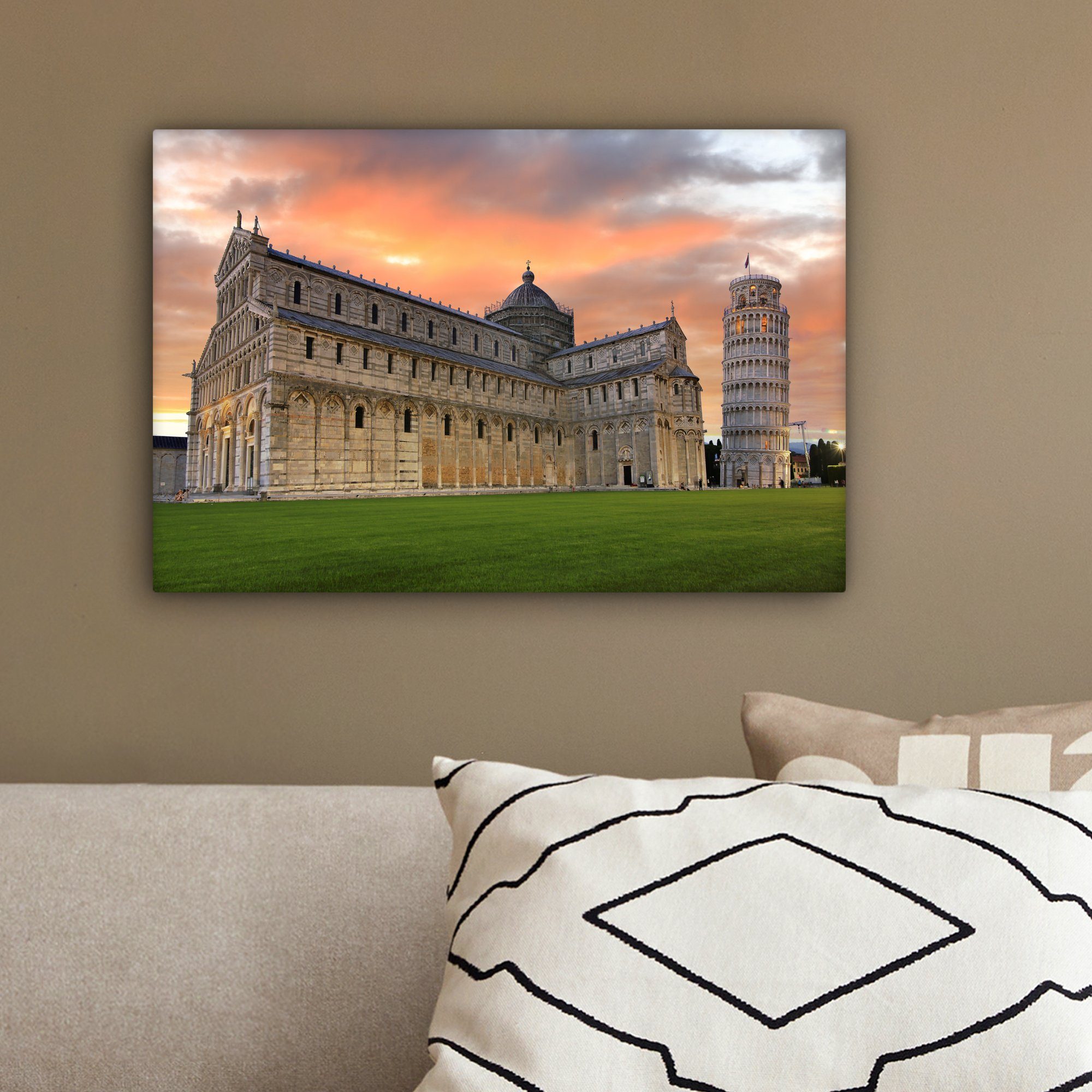 St), - OneMillionCanvasses® Wanddeko, cm - Sonnenuntergang, Pisa Wandbild von (1 Aufhängefertig, Turm Leinwandbild Leinwandbilder, 30x20 Italien