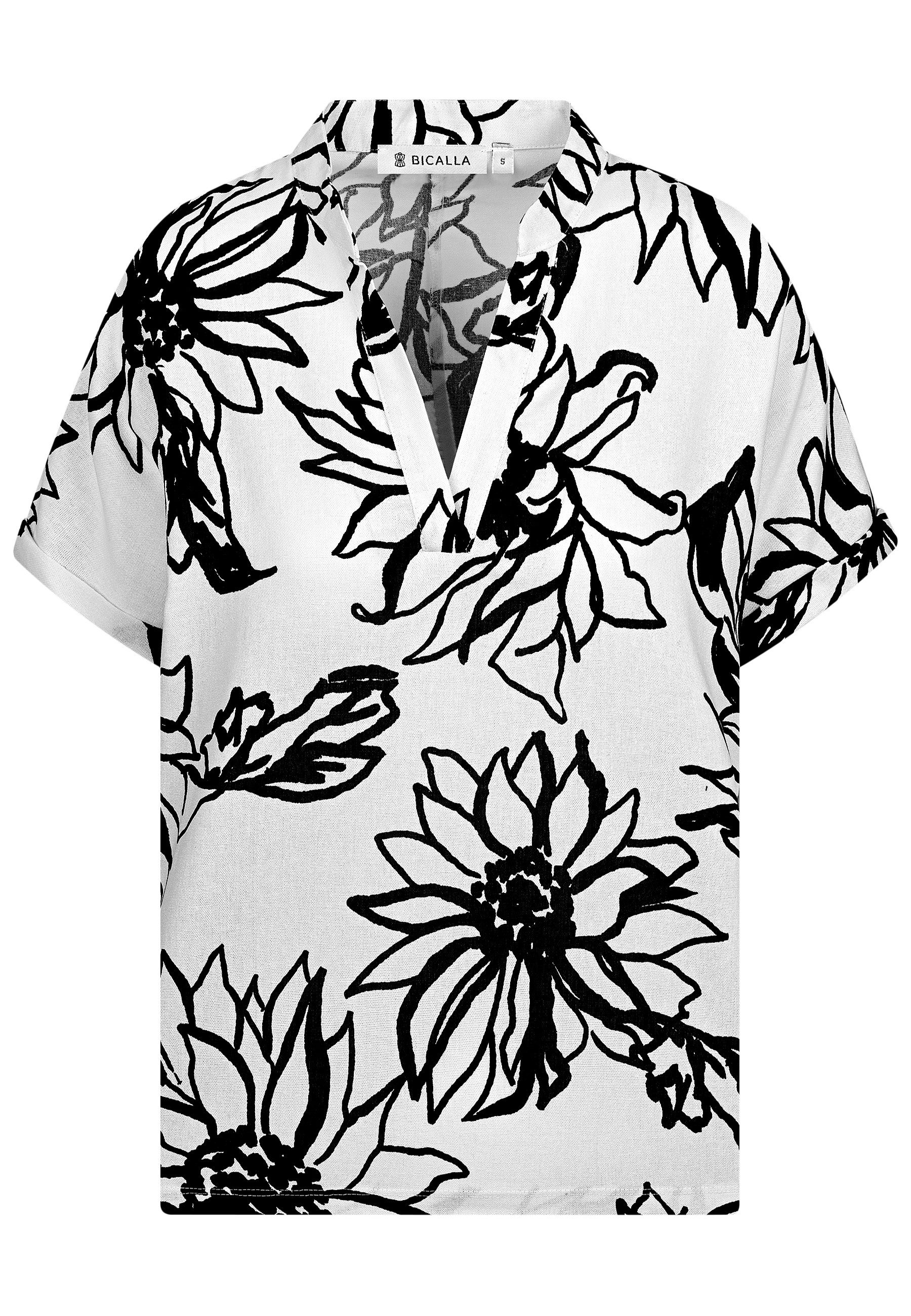 Blusentop Blusen-Shirt mit Blüten-Print in Weiß/Schwarz