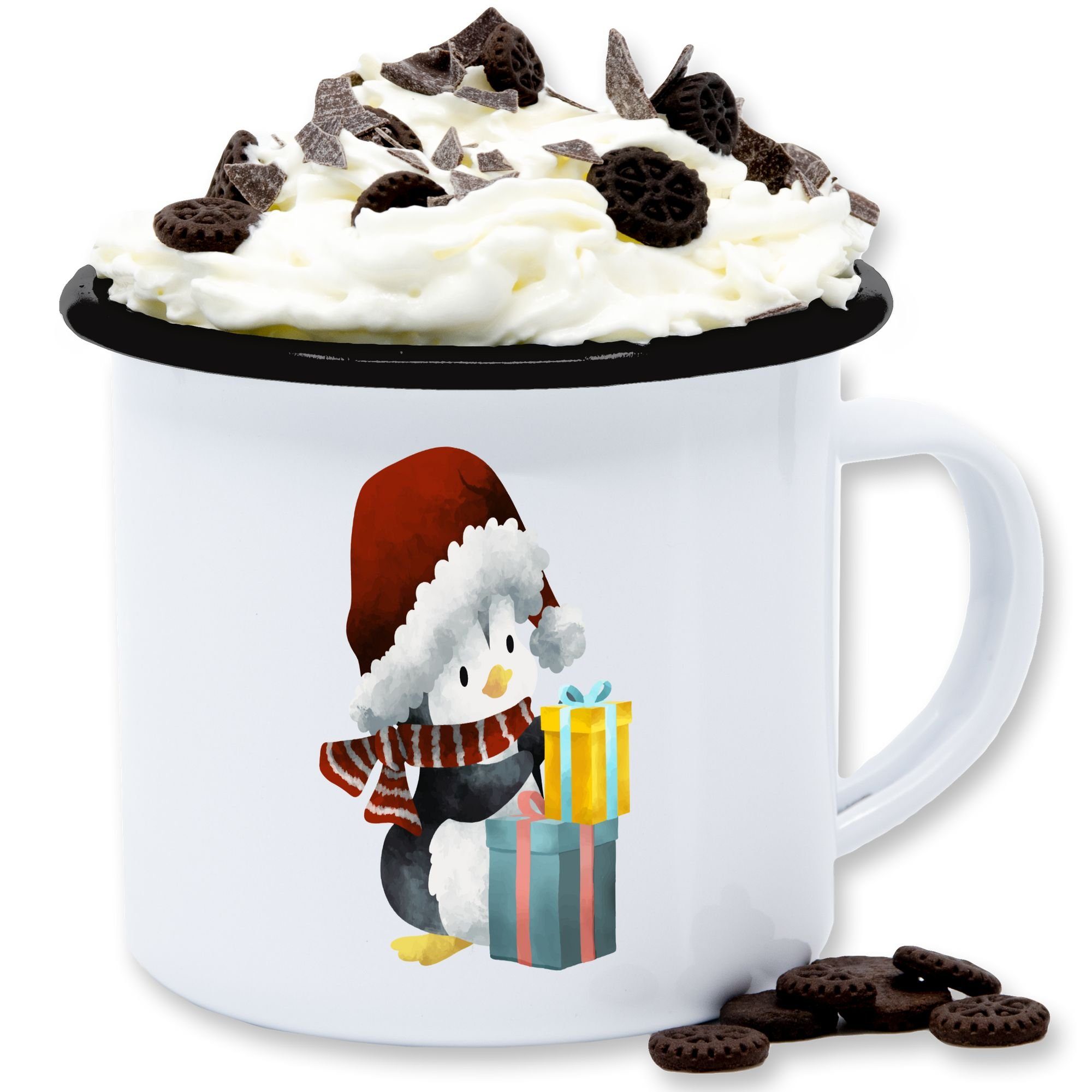 Shirtracer Tasse Pinguin Weihnachten, Stahlblech, Weihnachtstasse 2 Weiß Schwarz