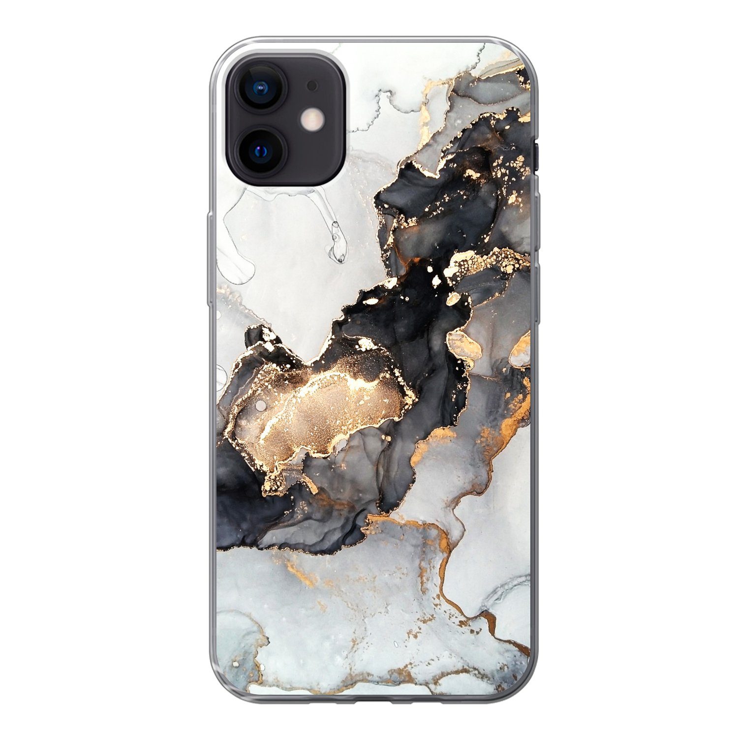 MuchoWow Handyhülle für Apple iPhone 12 Mini Marmor - Schwarz - Weiß - Gold - Luxus - Abst, Smartphone-Bumper, Print, Handy Schutzhülle Dünn