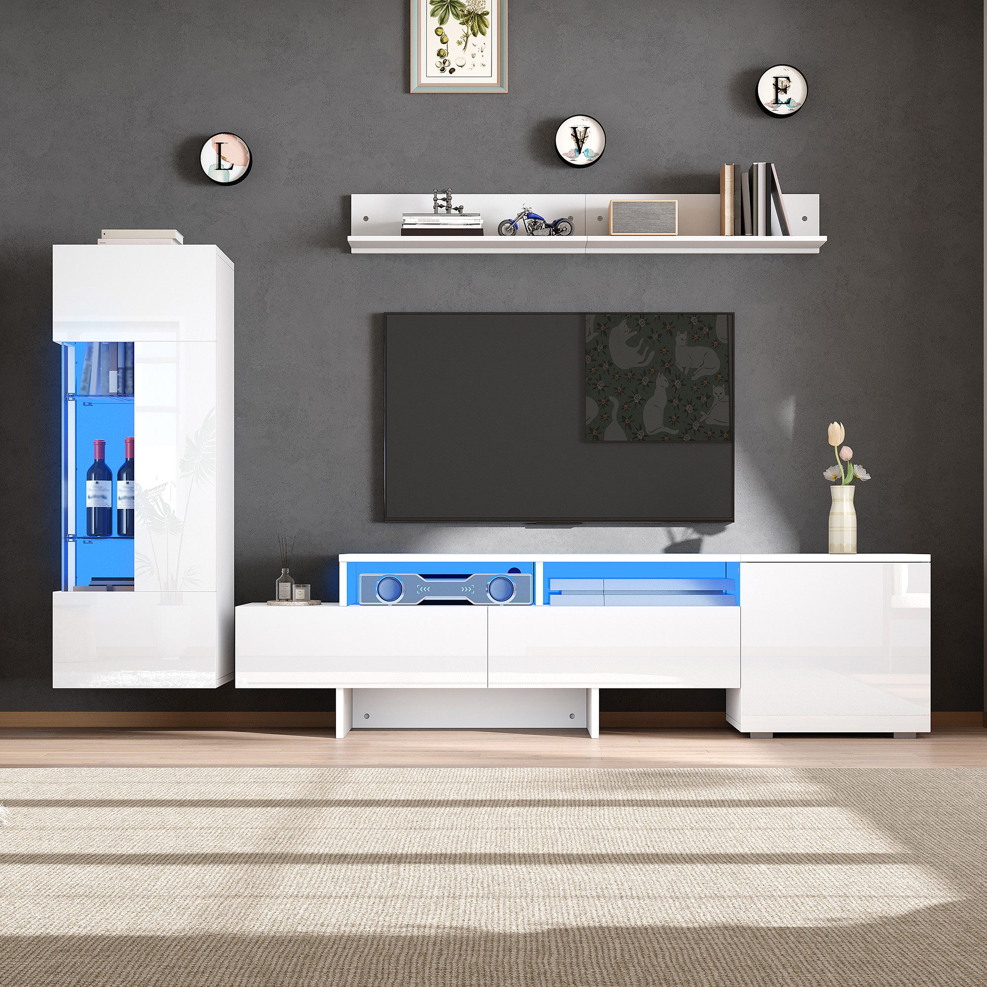 Odikalo Wohnwand Mediawand mit LED inkl. TV-Schrank Wandschrank Wandhalterung, (mit LED, modernes TV-Schrank,stehend und hängend, Acryl-Schranktüren, Glastrennwand, Weiß, TV bis 70)
