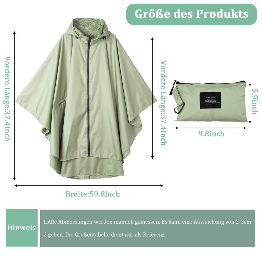 MOPUEA Regenmantel Durchsichtiger Regenponcho Wasserdicht Wiederverwendbar (Set, 1-tlg., Modische und gut durchdachte Details) Elastische Daumenschlaufen und wasserdichter Reißverschluss