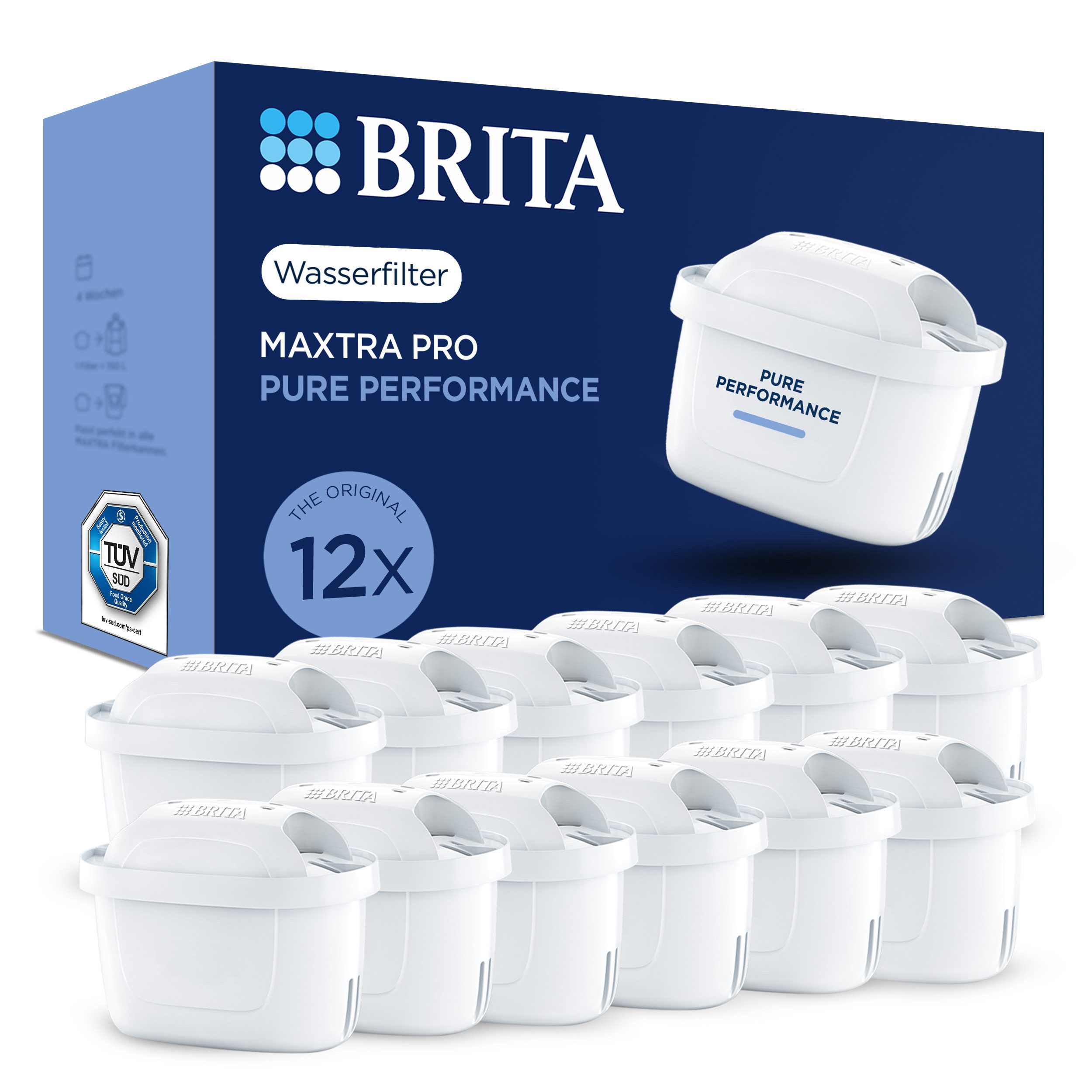 BRITA Wasserfilter Kartuschen MAXTRA PRO Pure Performance - 12er-Pack, Original Ersatz-Wasserfilter für BRITA-Kannen, reduziert Chlor, Kalk…