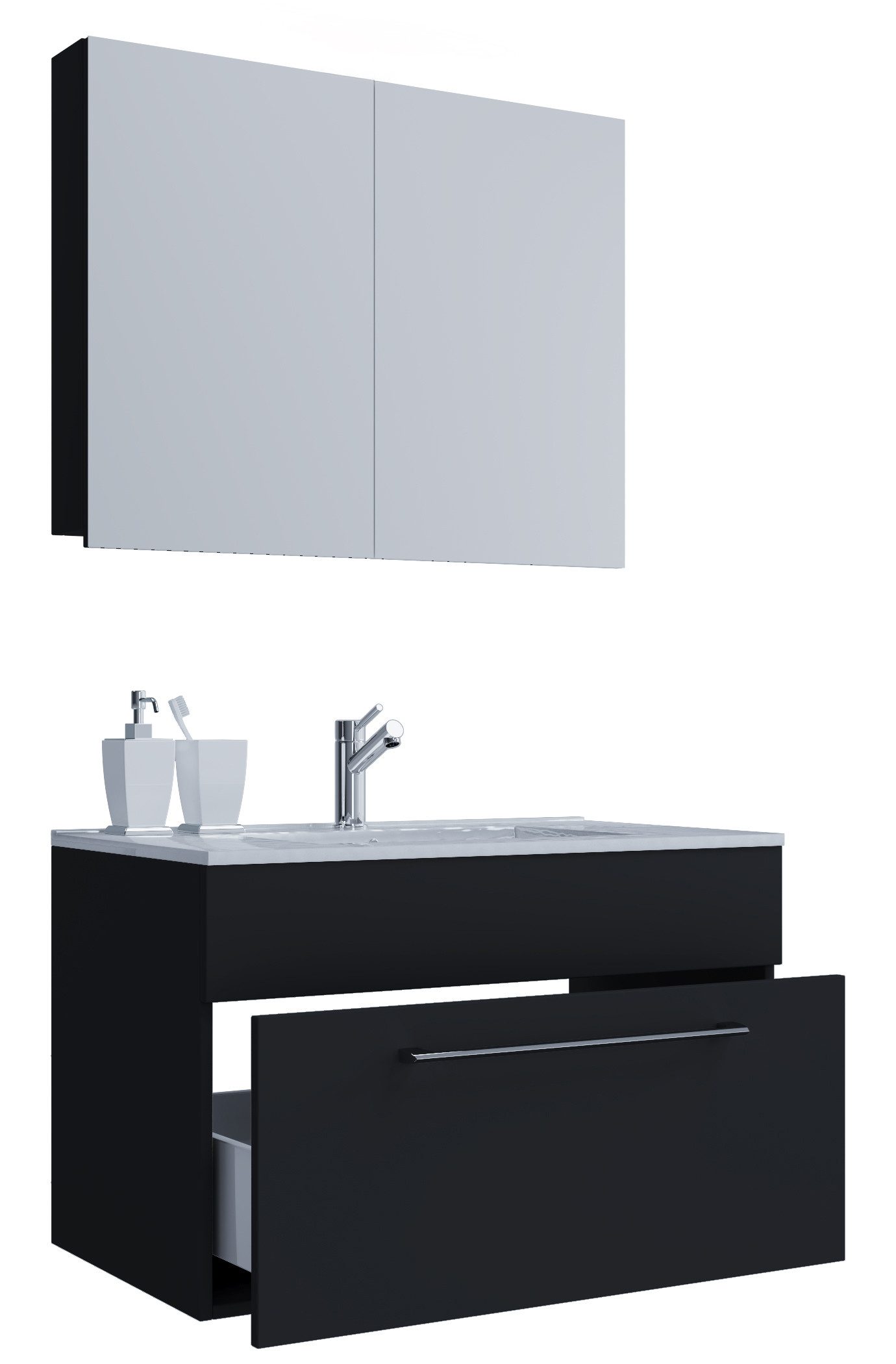 VCM Waschtisch 3 teilig Badmöbel-Set Waschplatz Badinos (Set, 3-St., 1x Unterschrank 1x Waschbecken 1x Spiegelschrank), 3-tlg. Waschplatz, Waschbecken Unterschrank Breite 80 cm, Badmöbel