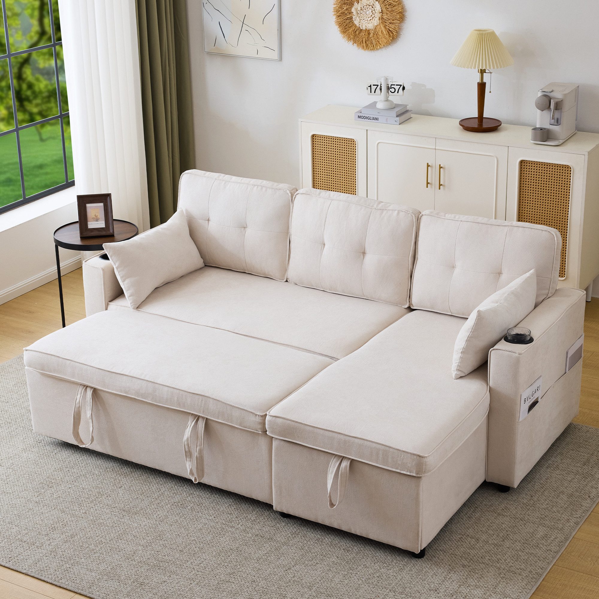 STILVORA Schlafsofa Ecksofa mit Getränkehalter&Stauraum,Polstersofa Leinen,Sofa Ausziehbar, Multifunktionales Schlafsofa mit Stauraum, L-förmiges Design, Getränkehalter, mit Relaxfunktion