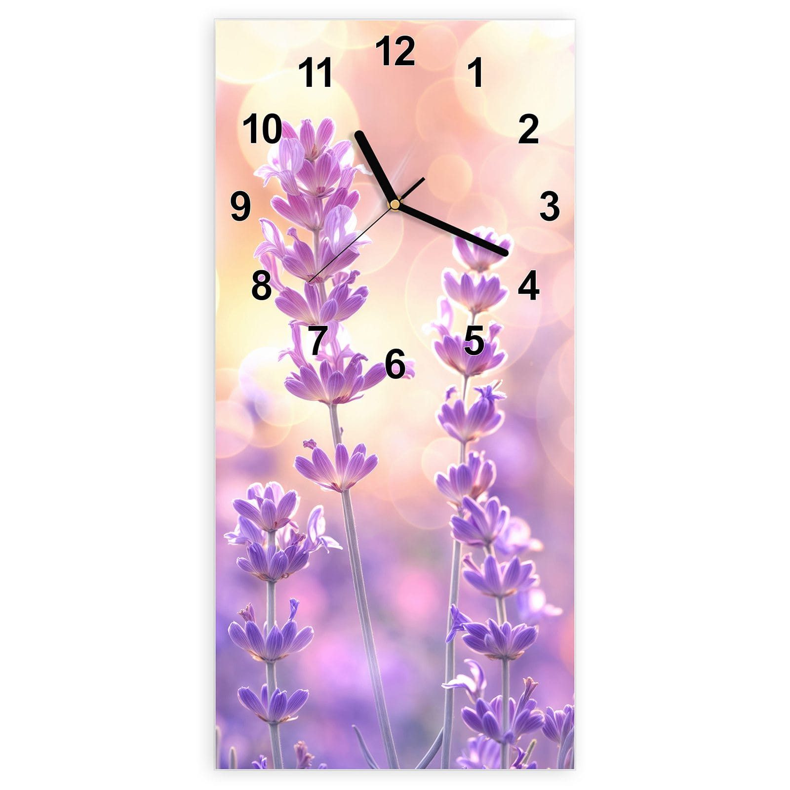Wanduhr Glasuhr Wandkunst Größe 30 x 60 cm mit Motiv Lavendelblütenfeld