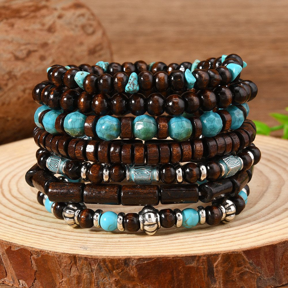 The Beauty House Armband 7er Set Perlenarmbänder Boho Schmuck mehrschichtig aus Holz und Türkis, Ethno Hippie Stil für Alltag Festival