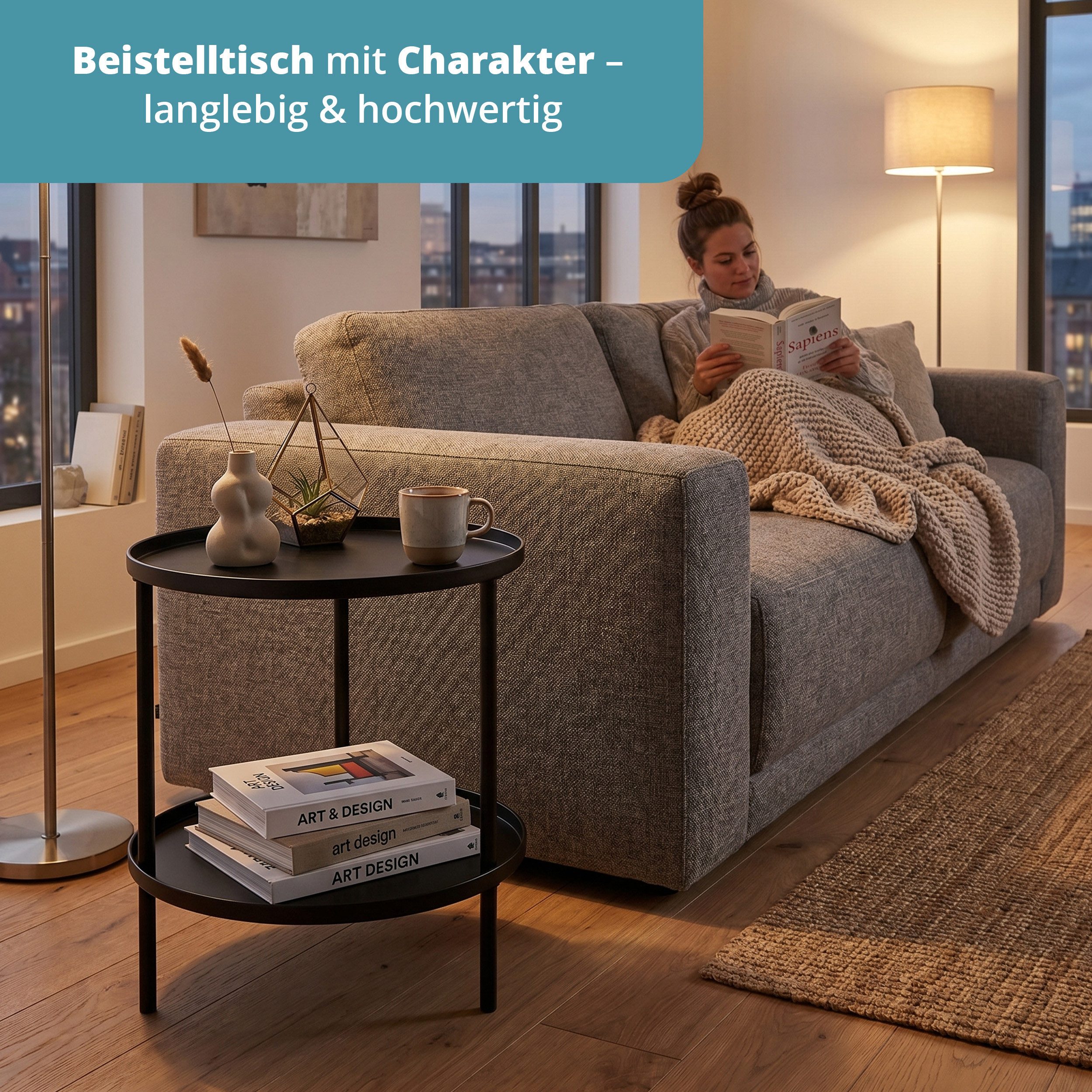 KHG Beistelltisch Rund Schwarz Ø 41 cm moderner Sofatisch elegant (Dekorative Ablage für Getränke, Bücher oder Wohnaccessoires, platzsparend, modern und vielsei – Bild 2 von 5