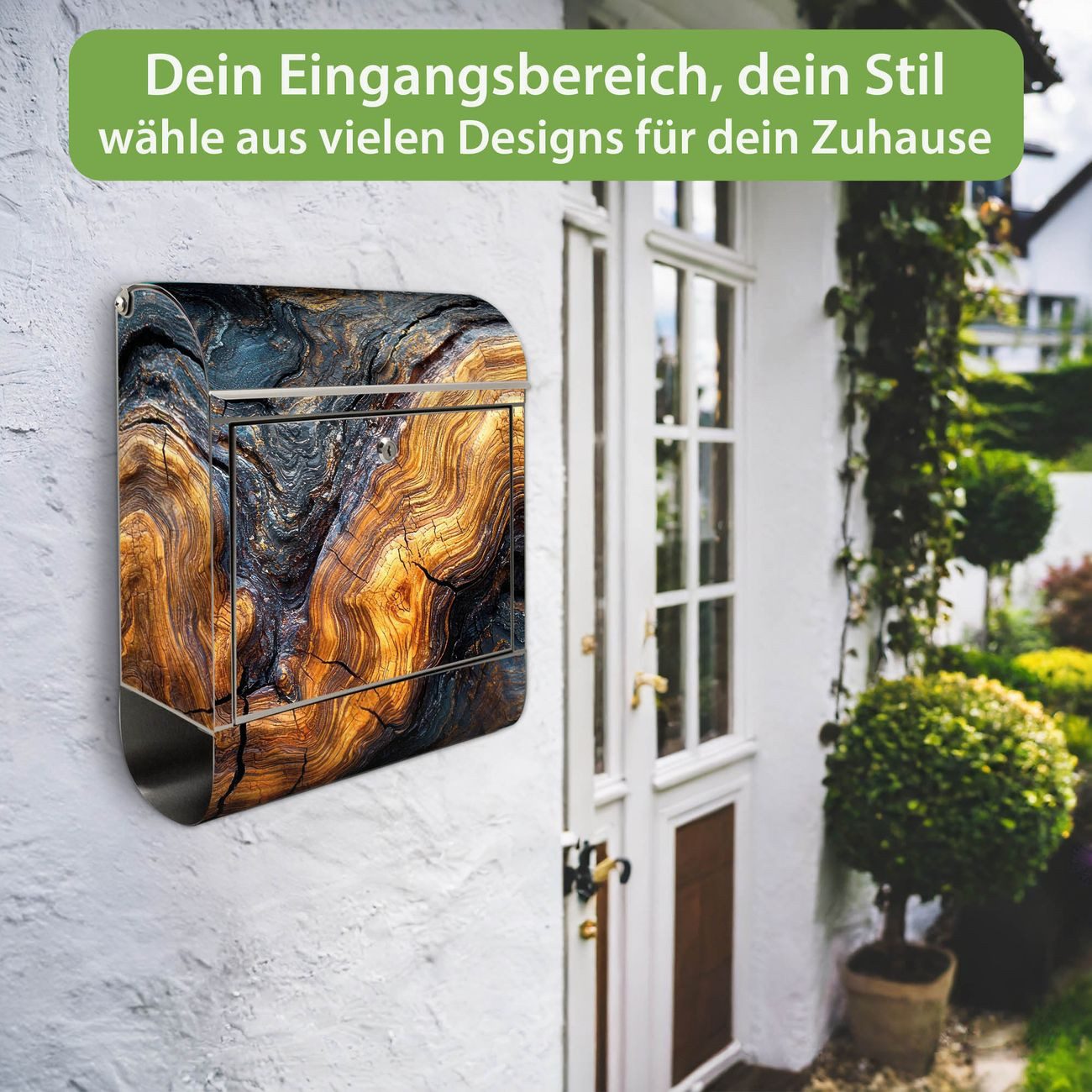 banjado Wandbriefkasten Edelstahl mit Motiv Holz Gemasert Fluss Gold (Wandbriefkasten groß, mit Zeitungsfach), 38 x 42,5 x12 cm