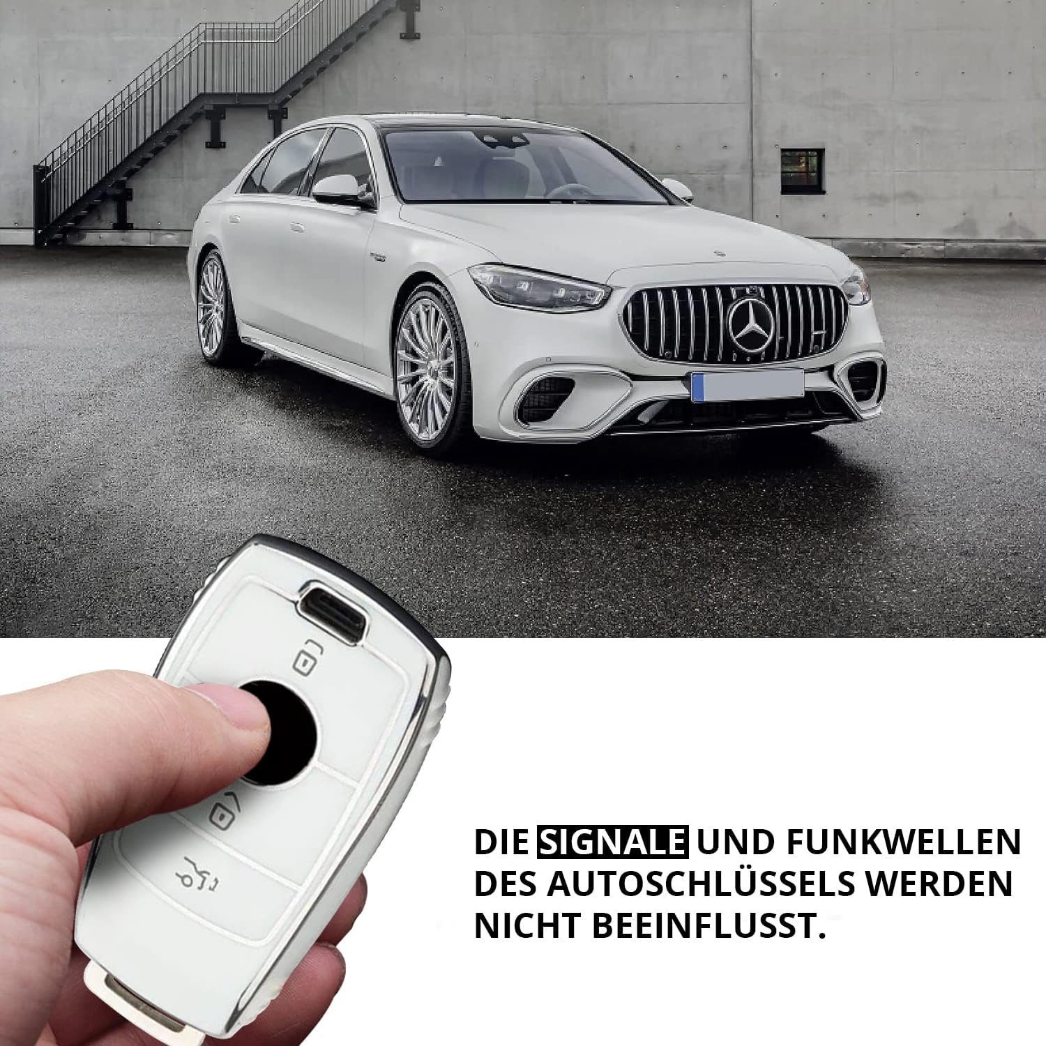 Keyscover Cover Tasche Autoschlüssel Weiss/Chrom Benz, Mercedes Schlüsselhülle Hülle für Schlüsseltasche
