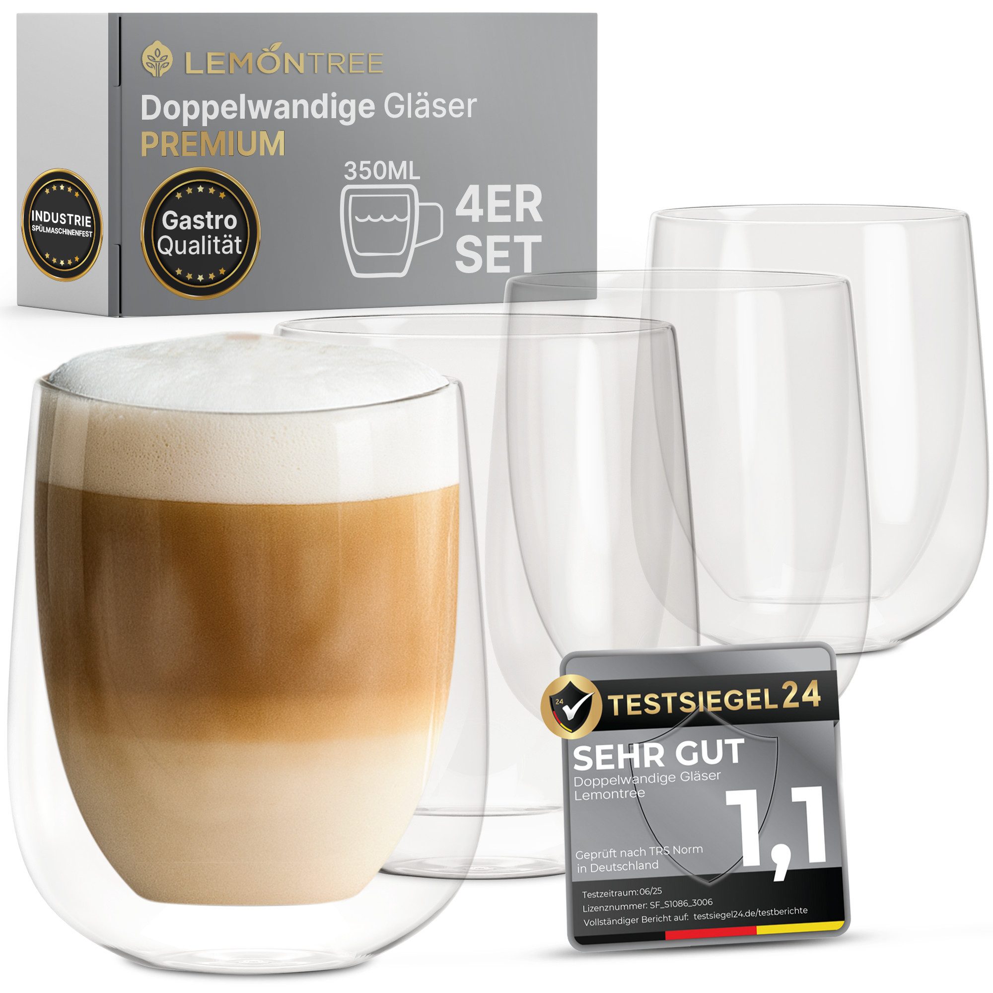Lemontree Thermotasse 4er Set Cappuccino Tassen - Latte Macchiato Gläser doppelwandig, 180 Grad spülmaschinenfest und hitzebeständig - Gastronomie Qualität