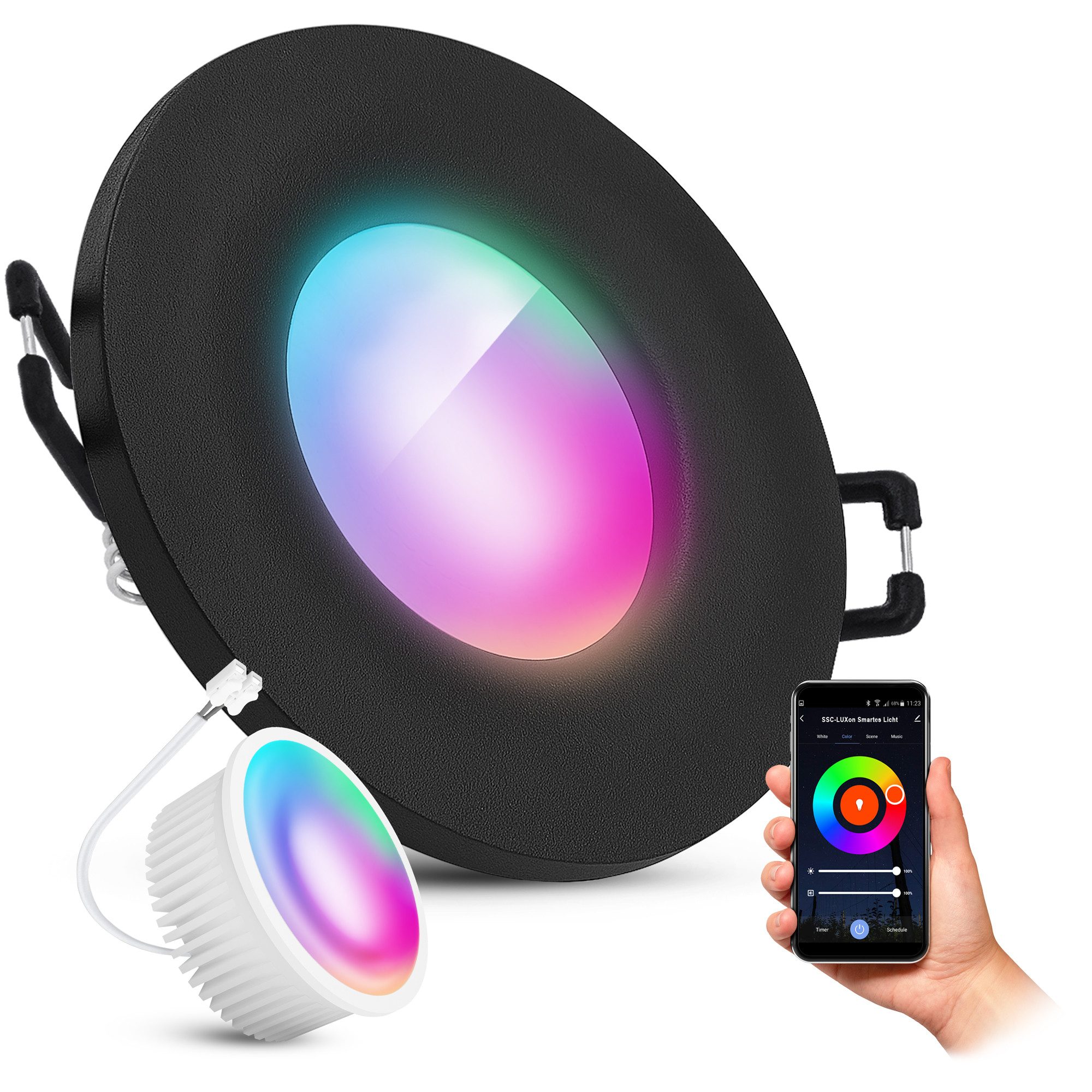SSC-LUXon LED Außen-Deckenleuchte Einbauspot BEDA Schwarz IP65 mit LED Birne Smart RGB WLAN Deckenlampe, Smart
