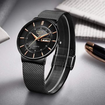 Lige LG-9949 Watch (1.57 Zoll), Herren-Armbanduhr Schwarz ultradünn, Edelstahl, modisch, analog, Quarz
