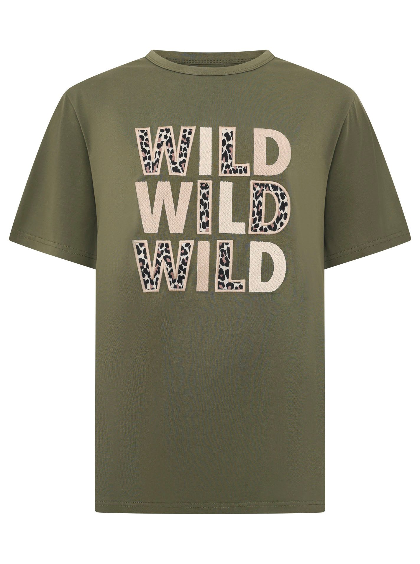 Zwillingsherz T-Shirt "Wild Wild Wild" großer, gestickter Schriftzug mit Leomuster, Rundhals