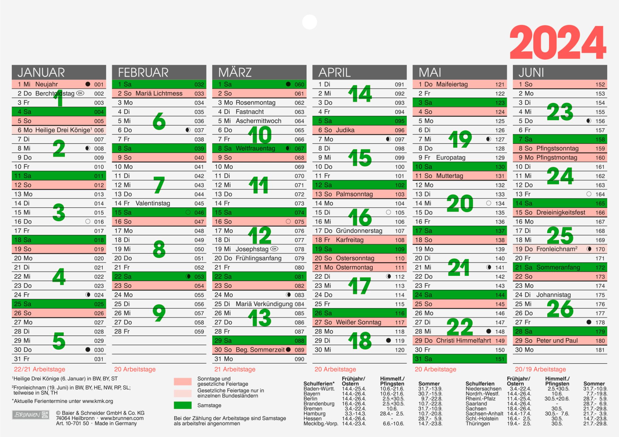 BRUNNEN Wandkalender BRUNNEN Kalender 2025 Tafelkalender A5 10-70150004 