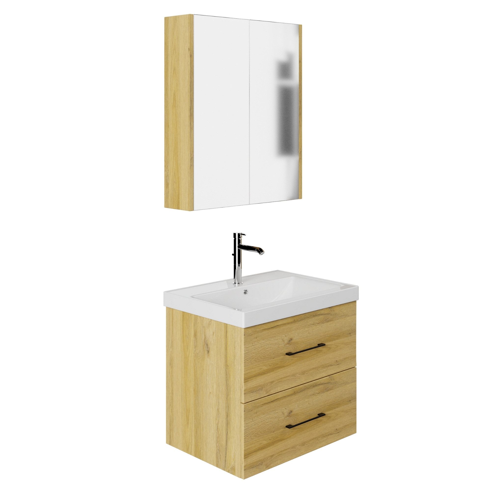 Karen Badmöbel-Set Badmöbel Set Verona, (Komplett-Set, Standartmäßig 3-Teilig (Unterschrank, Spiegelschrank, Waschbecken), 3-St., Der Lieferumfang umfasst Unterschrank, Spiegelschrank und Waschbecken), Holzfurnier, Bügelgriffe, Natürliches Design, Softclose