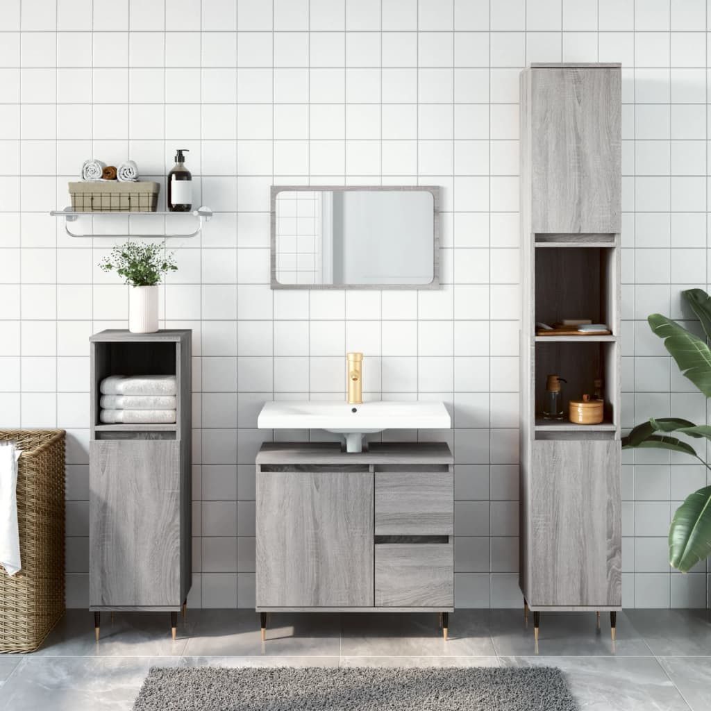 Badkommode Badezimmerschrank 30x30x190 cm Grau Sonoma mit Massivholz und Eisen