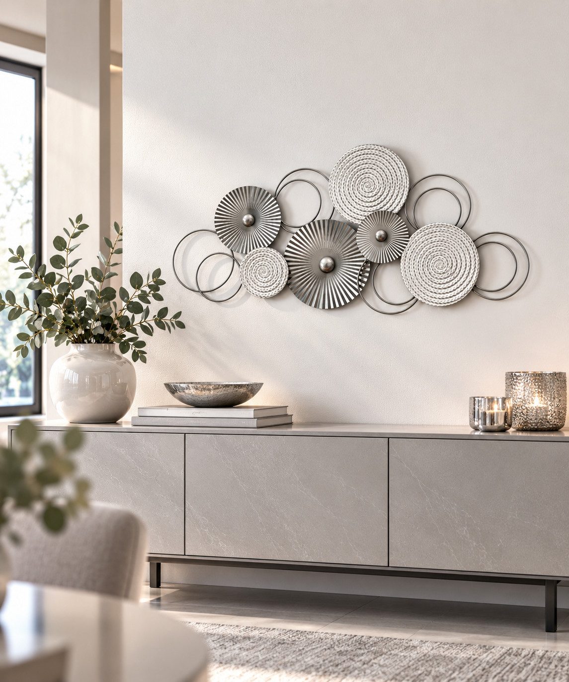 MF Wanddekoobjekt Wandbild Sixo Metall Wanddeko Wandschmuck Kreise 83x38 cm Silber Weiss (1 St) – Bild 4 von 5
