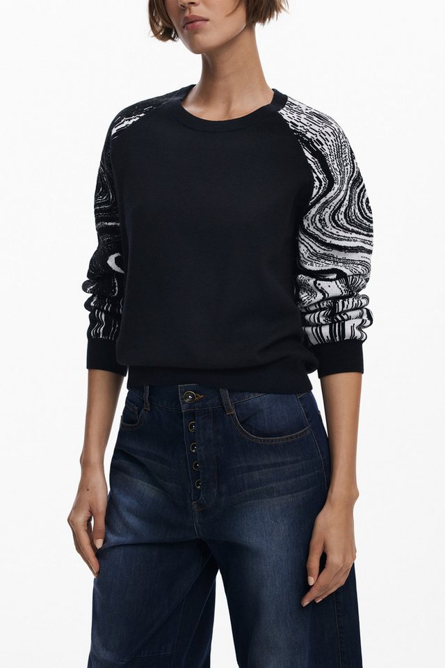 Desigual Strickpullover Schwarzer Damenpullover mit Rundhals & Kontrastdetails entdecken