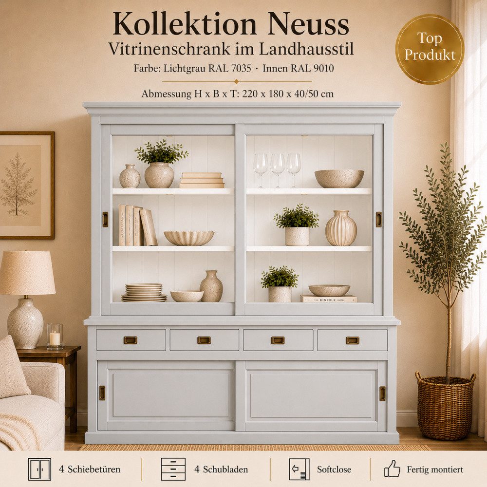 Wohnpalast Vitrine Vitrinen Schrank Neuss 180 cm Lichtgrau - Vitrine mit Schiebetüren