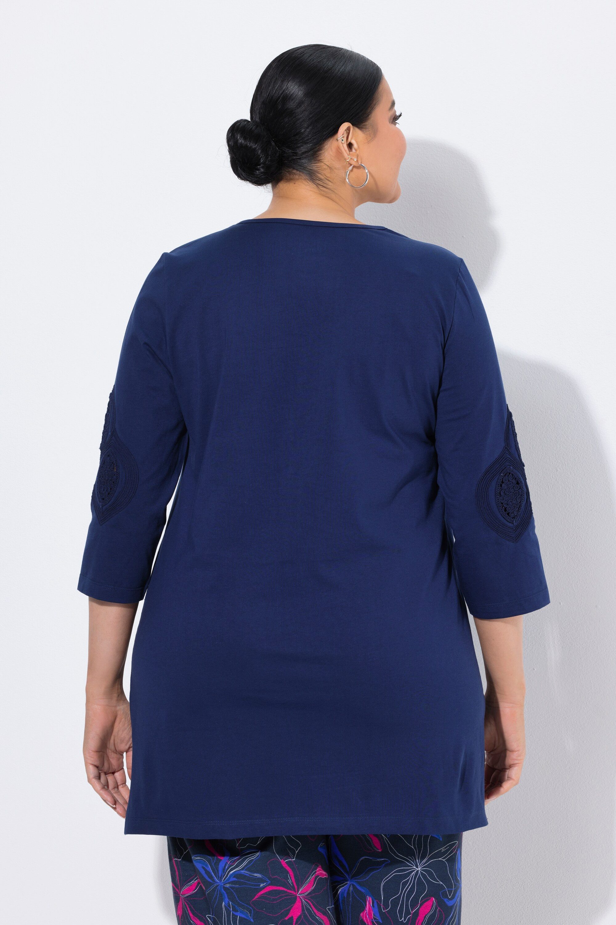 Ulla Popken Longshirt Longshirt bestickter Rundhalsausschnitt 3/4-Arm