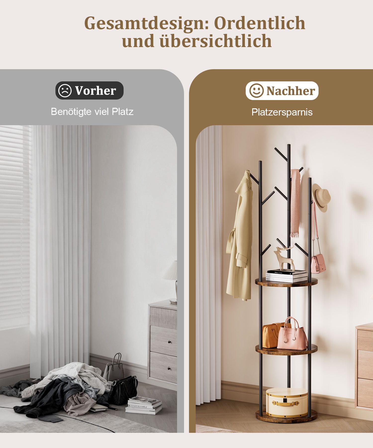 Yorbay Garderobenständer Kleiderständer aus Holz&Metalrahmen, Garderobe mit 9 Haken & 3 Ablagen, Freistehend, offen Standgarderobe in Baumform, 40x40x173cm – Bild 3 von 5