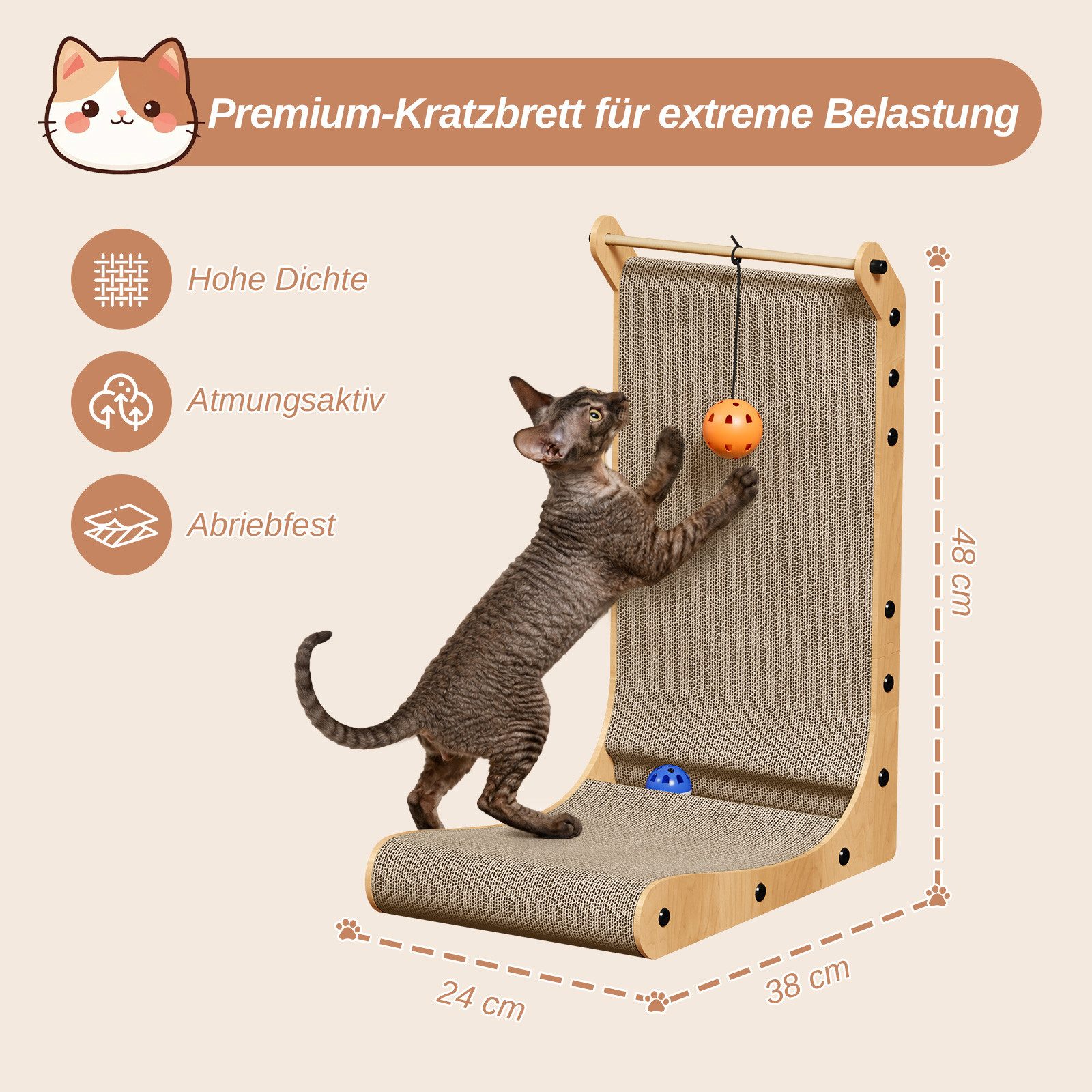 Dogat Kratzbrett L formiges Kratzbrett mit Spielkugel, 68cm, B×T×H: 42×29×68cm & 38x24x48 cm, zur Wandmontage, Kratzmatte