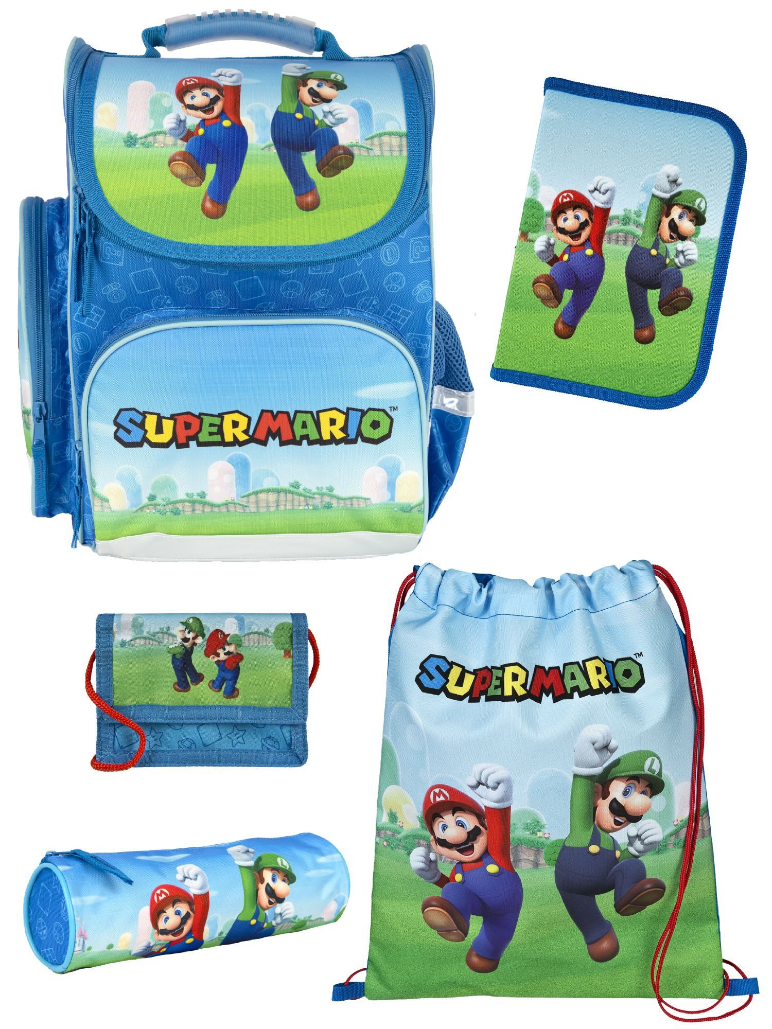 Familando Schulranzen Clou Super Mario Schultasche, blau, ab 1. Klasse (Grund-Set, 5-tlg., mit Federmappe, Schlamper, Turn- & Geldbeutel), kompakt, leicht, robust